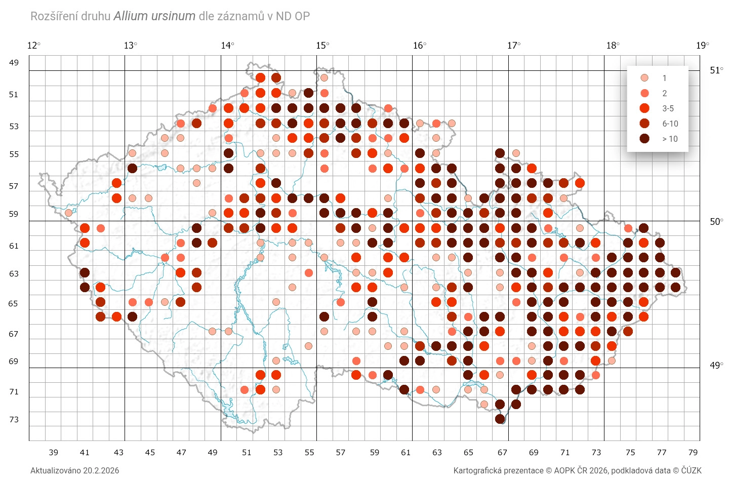 Aktuální mapa, která ukazuje rozšíření medvědího česneku po&nbsp;našem území