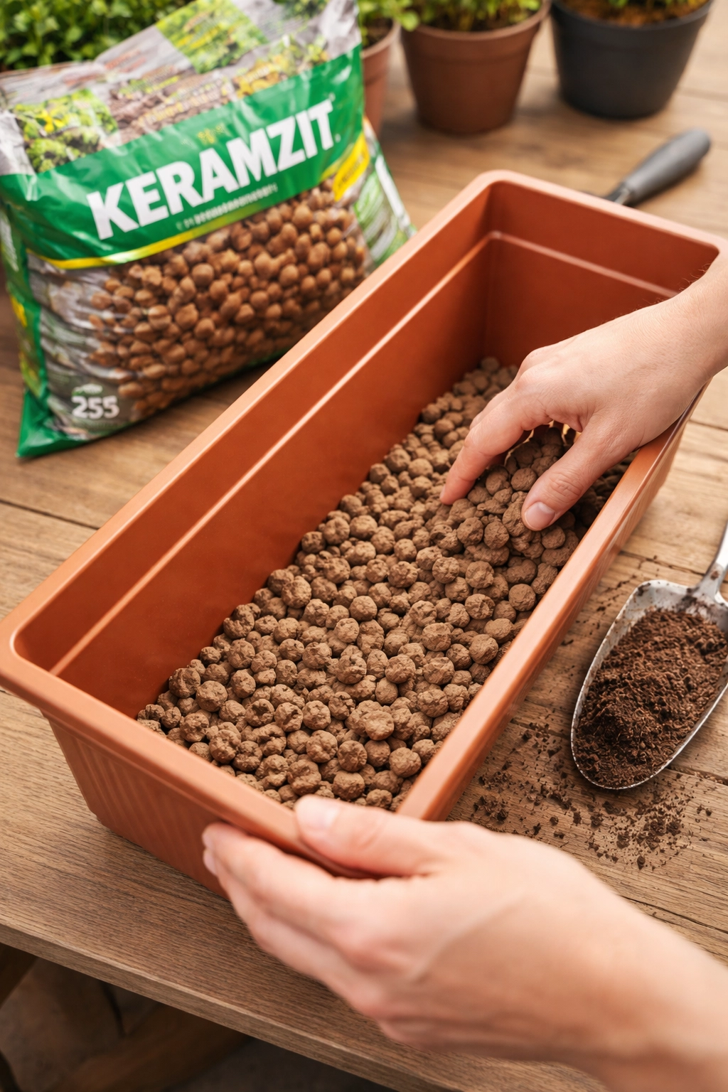 Příprava drenáže v&nbsp;truhlíku pro prevenci přemokření a&nbsp;hniloby cibulek.