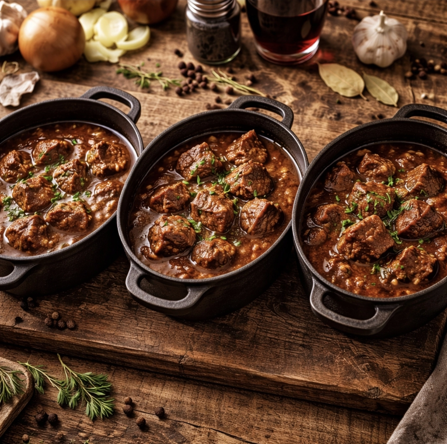 Tři varianty jeleního guláše s&nbsp;rozdílnou hustotou omáčky při&nbsp;testování metod přípravy