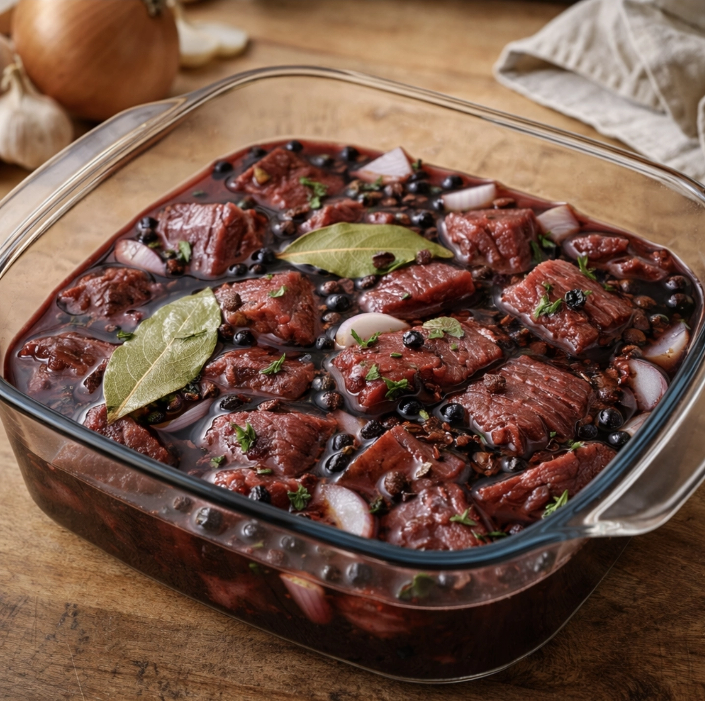 Jelení maso marinované 24&nbsp;hodin ve&nbsp;víně s&nbsp;jalovcem pro maximální měkkost.