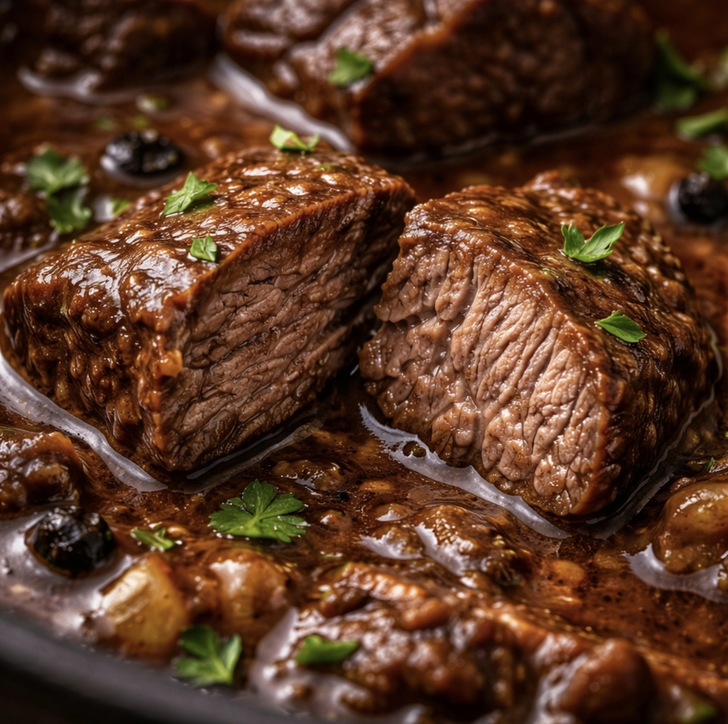 Detail struktury jeleního masa po&nbsp;3&nbsp;hodinách dušení.