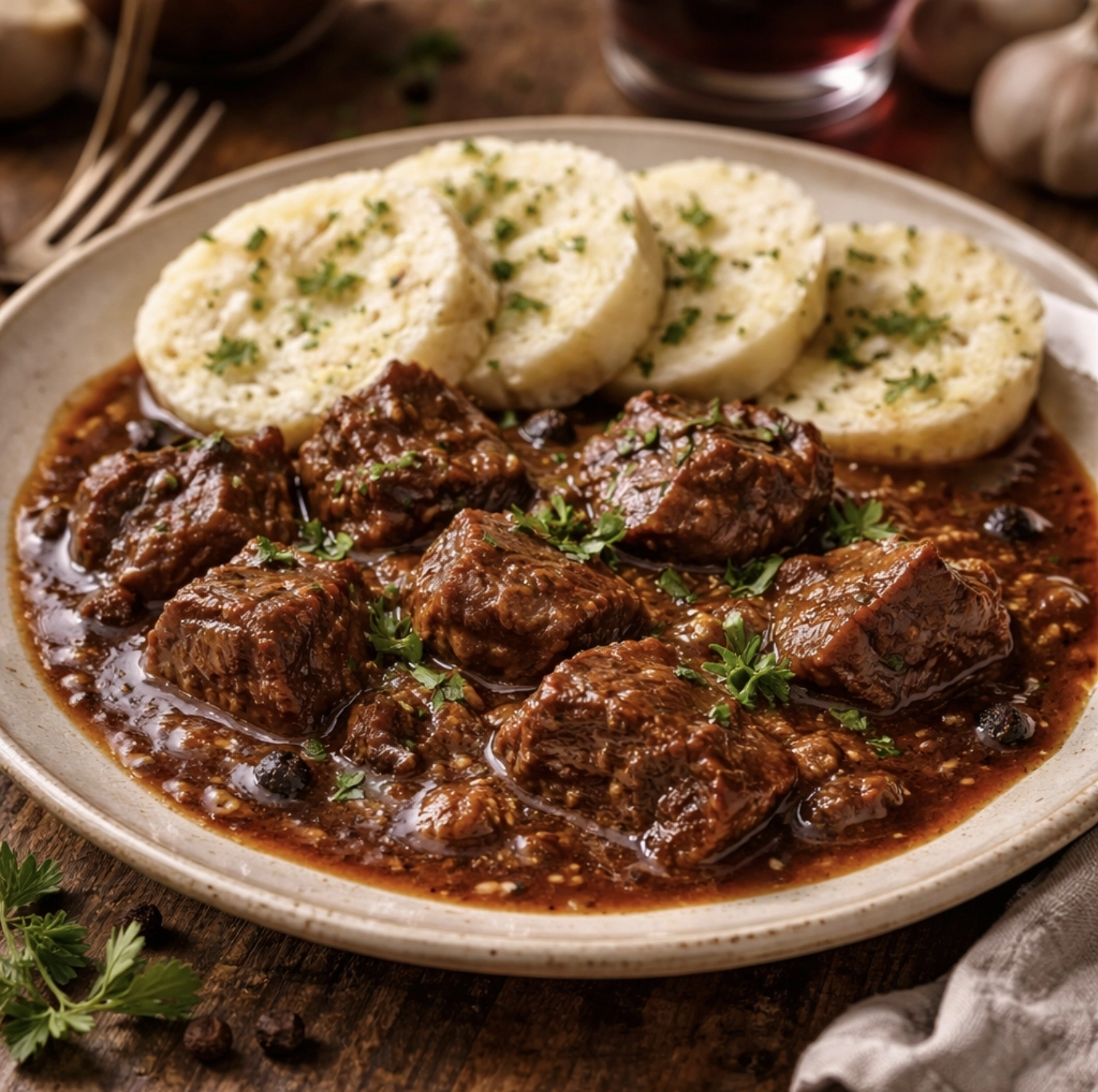 Jelení guláš s&nbsp;knedlíkem – výsledek po&nbsp;24&nbsp;hodinách marinování a&nbsp;3&nbsp;hodinách dušení.