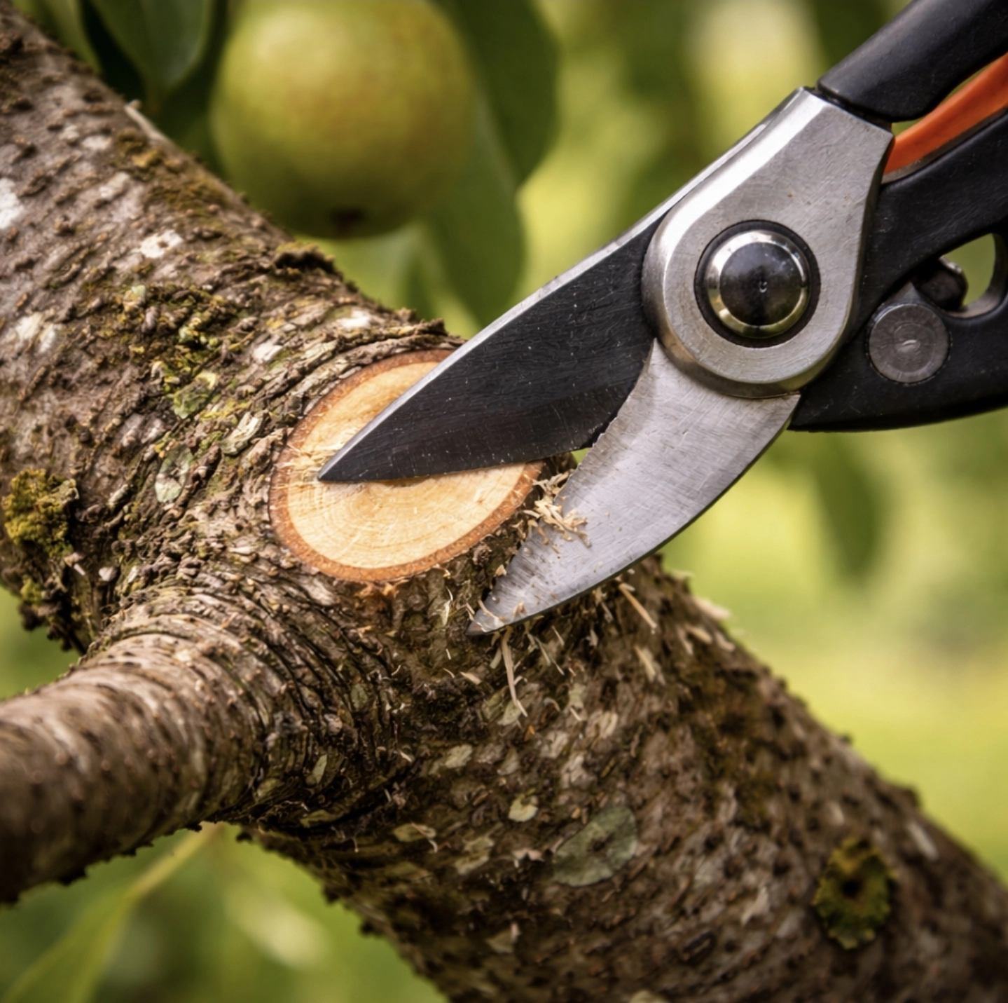 Řez větve hrušně těsně nad&nbsp;větevním kroužkem