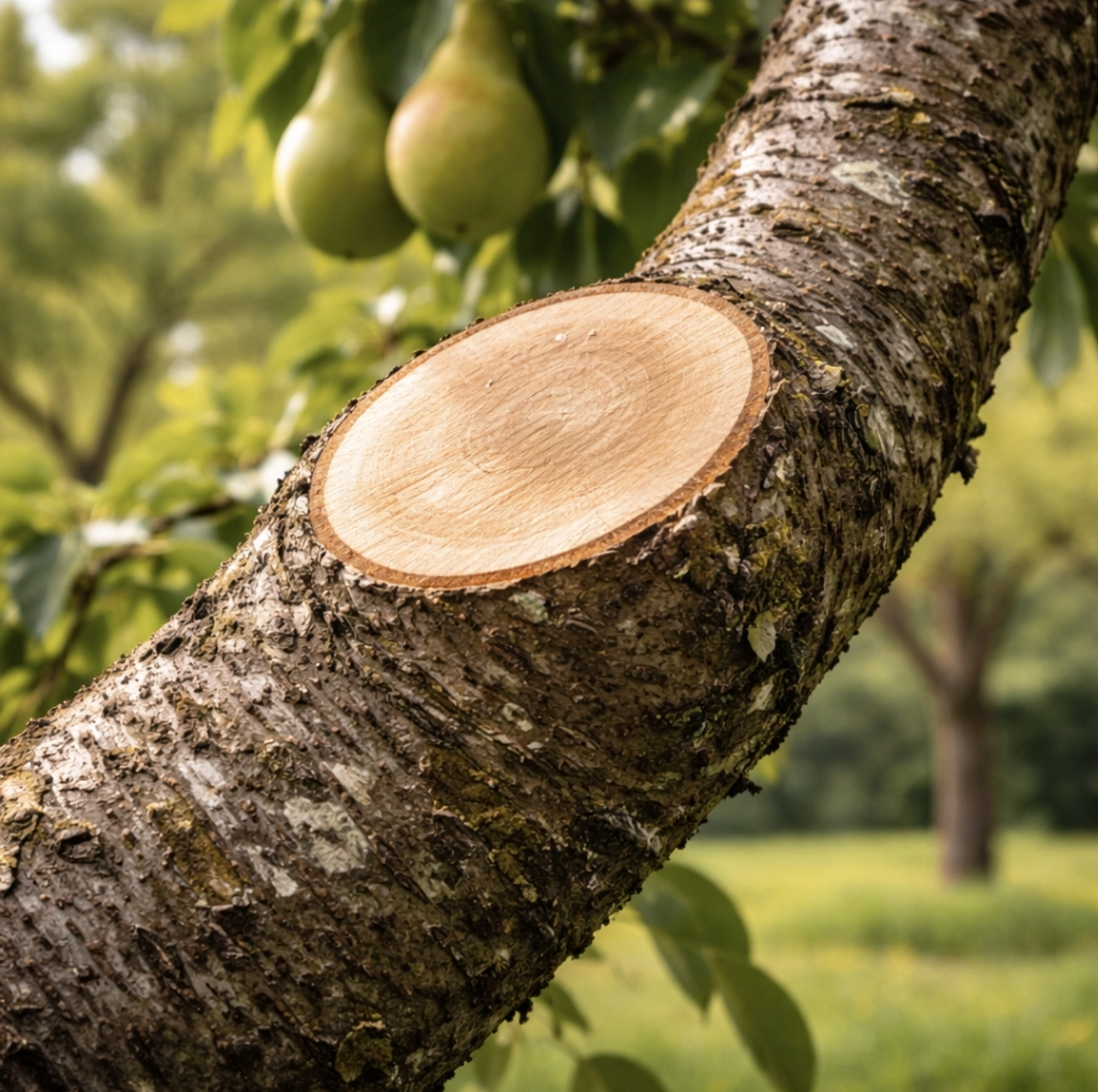 Větší řezná rána na&nbsp;kmeni hrušně po&nbsp;odstranění silné větve