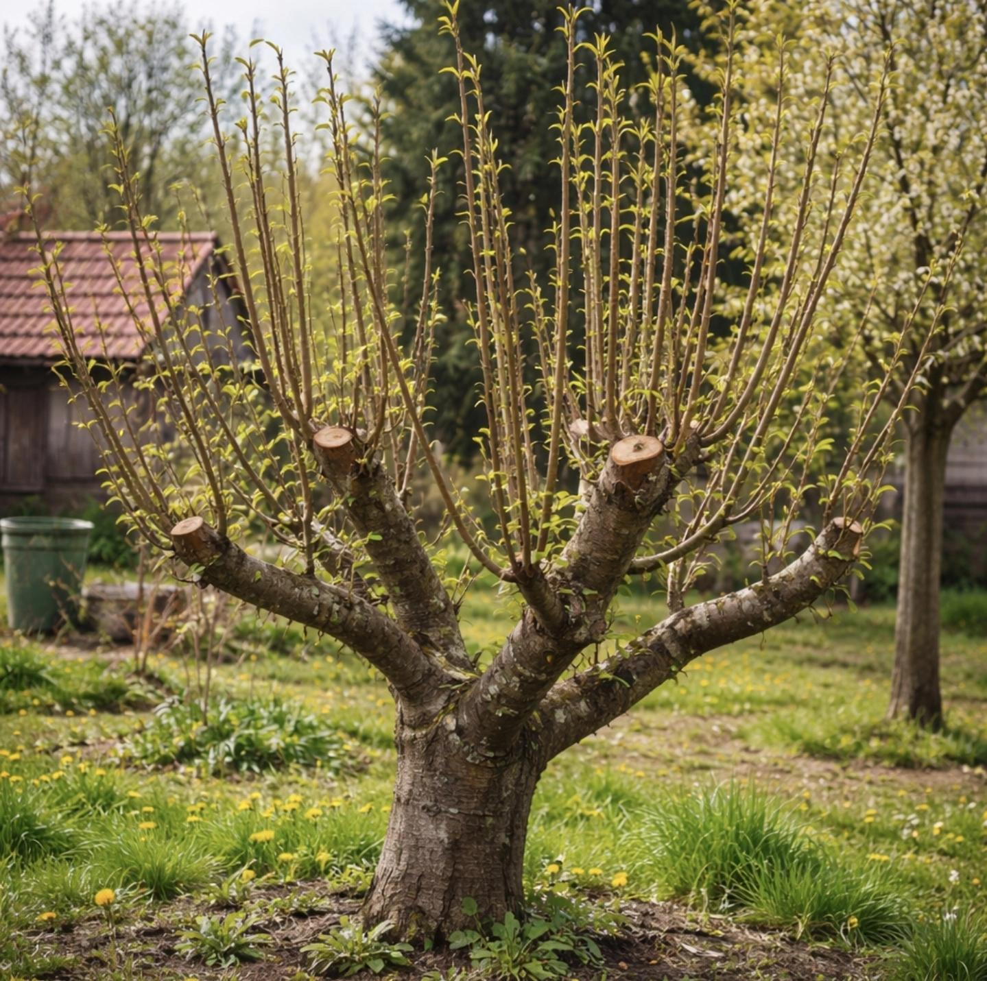 Hrušeň po&nbsp;silném zimním řezu s&nbsp;množstvím vzpřímených vlků vyrůstajících z&nbsp;hlavních větví