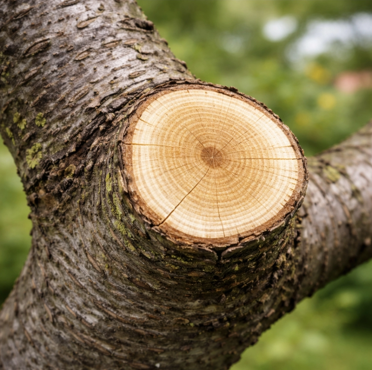 Velká řezná rána na&nbsp;kmeni švestky po&nbsp;odstranění silné větve s&nbsp;viditelnou strukturou dřeva