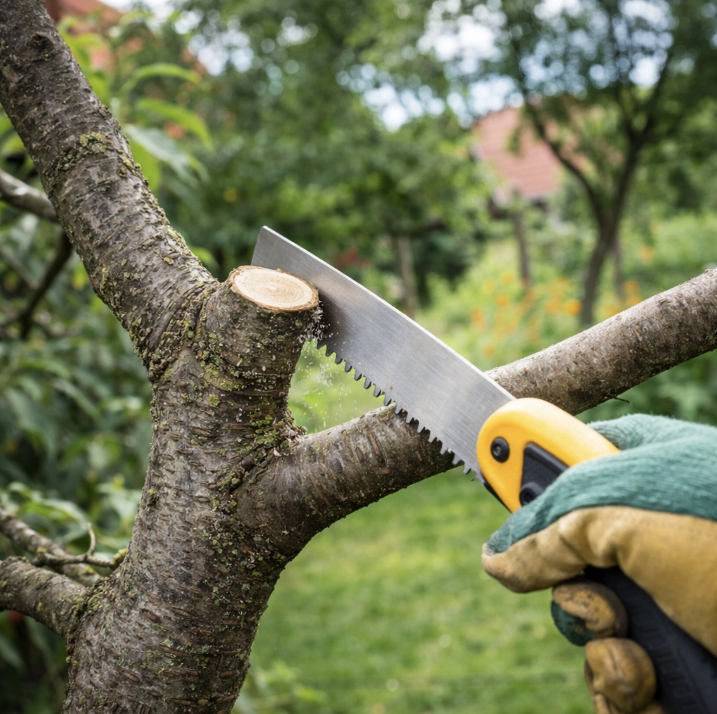Řez hlavního terminálu švestky pilkou na&nbsp;silnou postranní větev v&nbsp;letním období