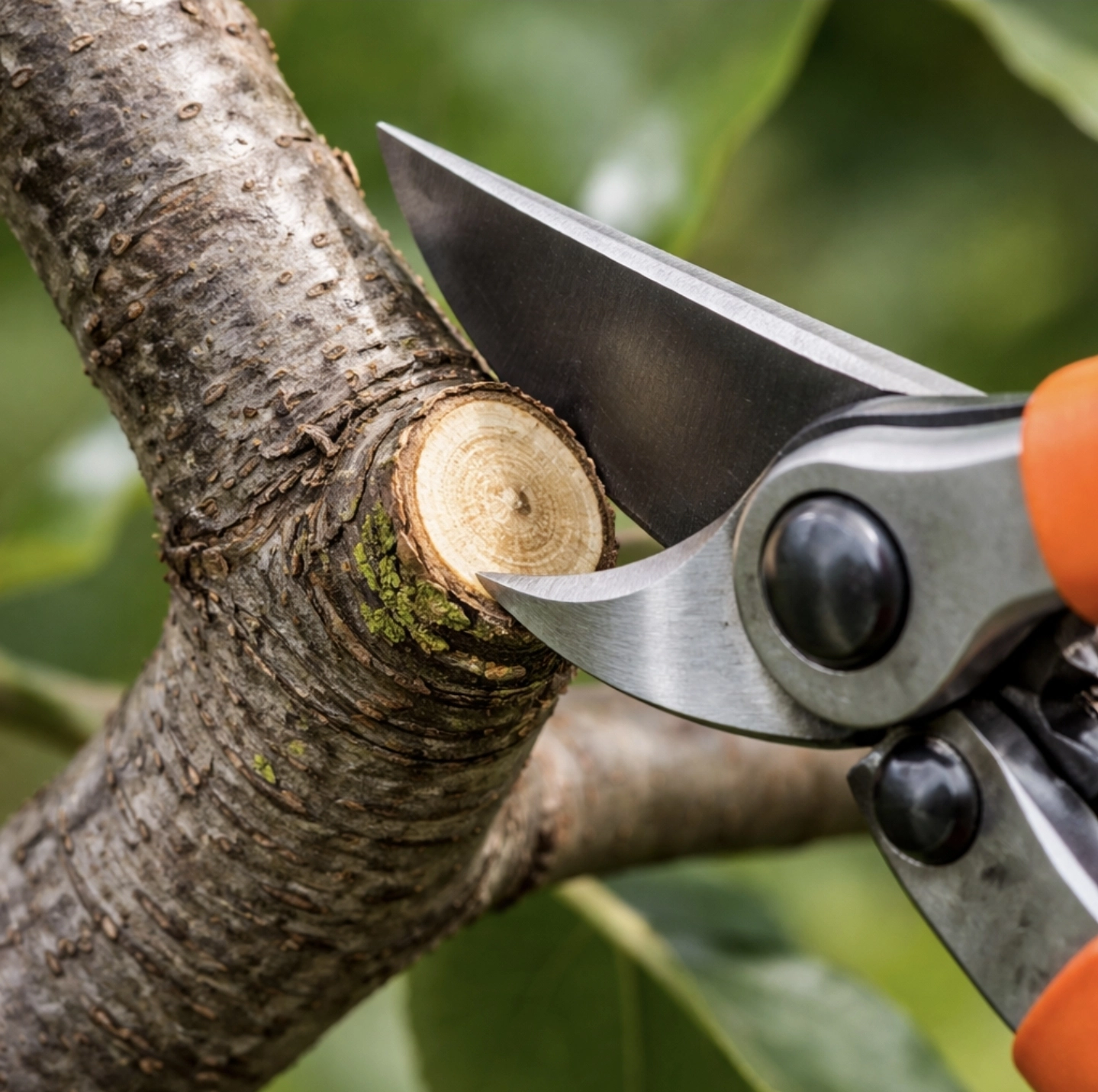 Řez větve švestky těsně nad&nbsp;větevním kroužkem ostrými zahradnickými nůžkami