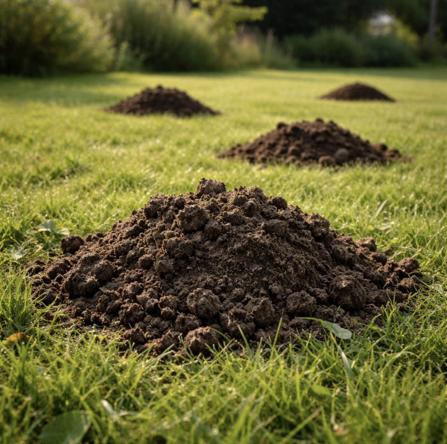 Čerstvé krtince na&nbsp;trávníku v&nbsp;zahradě – typické hromádky hlíny vytvořené krtkem při&nbsp;budování tunelů