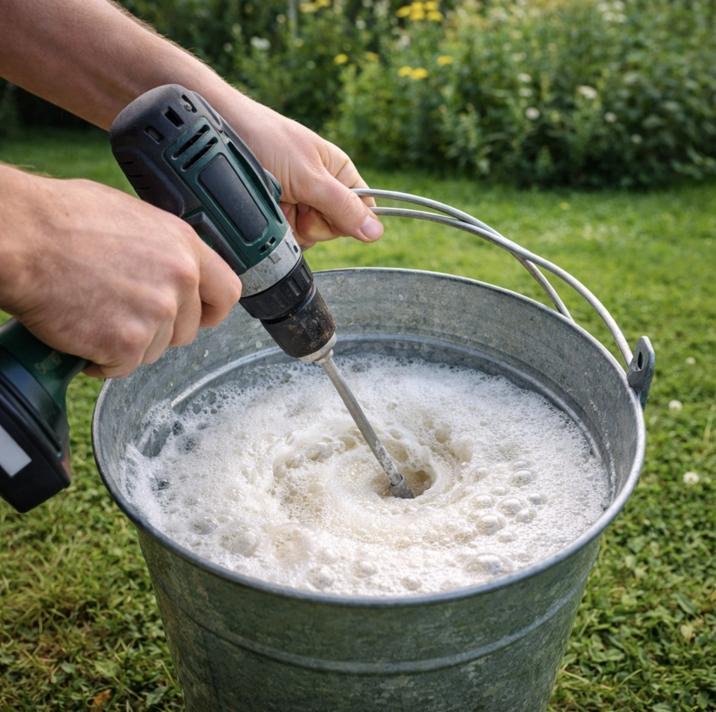 Fotografie přípravy směsi ricinového oleje, tekutého mýdla a&nbsp;vody v&nbsp;kbelíku.