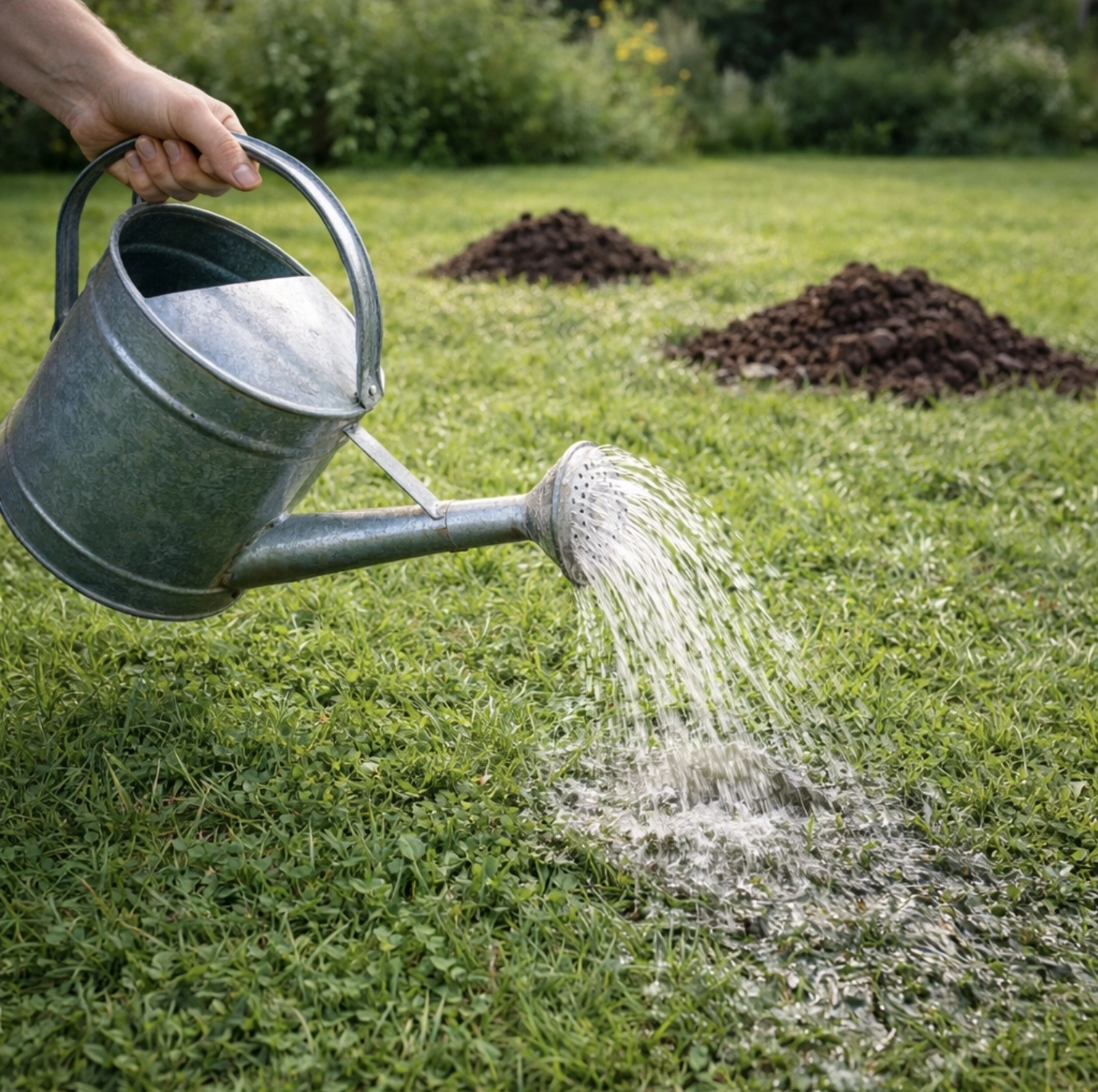 Zalévání trávníku s&nbsp;krtinci zahradní konví – aplikace směsi s&nbsp;ricinovým olejem do&nbsp;půdy kolem tunelů krtka