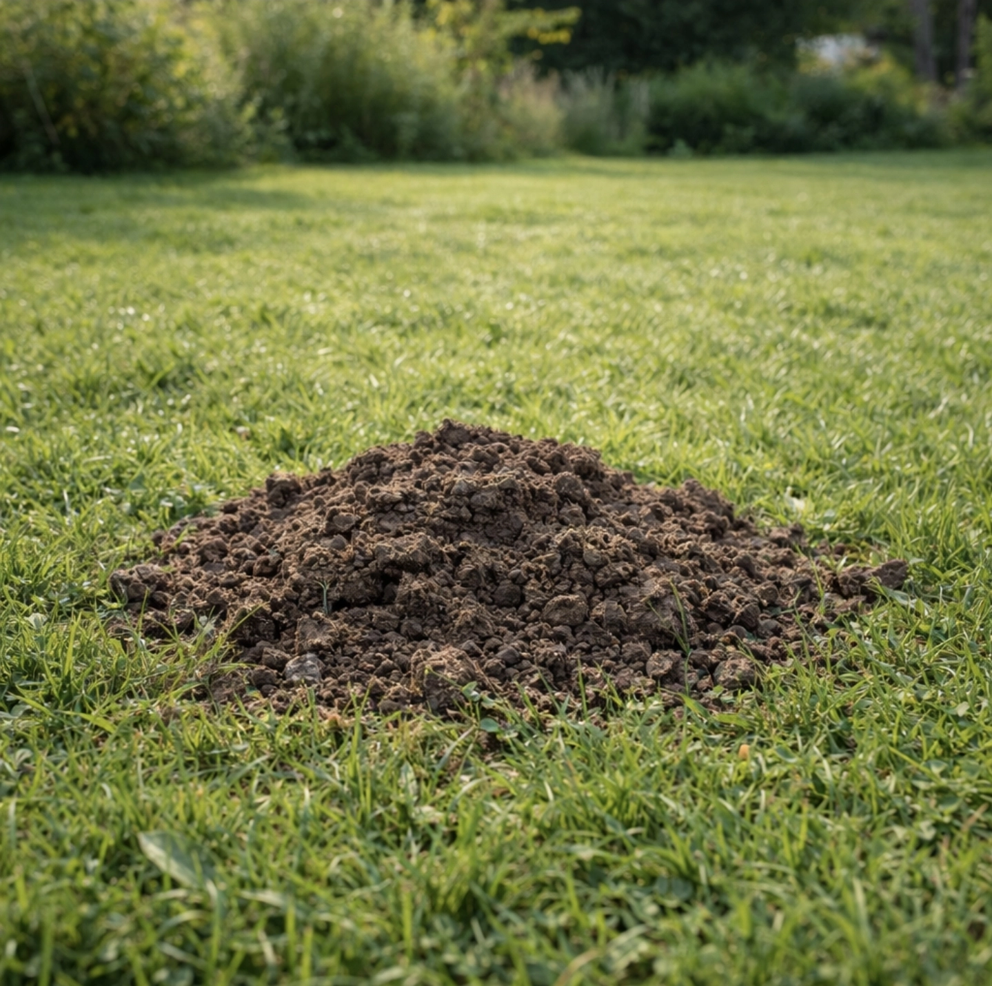 Starý rozpadlý krtinec v&nbsp;hustém zeleném trávníku bez nové aktivity krtka – zahrada po&nbsp;úspěšném vypuzení krtka