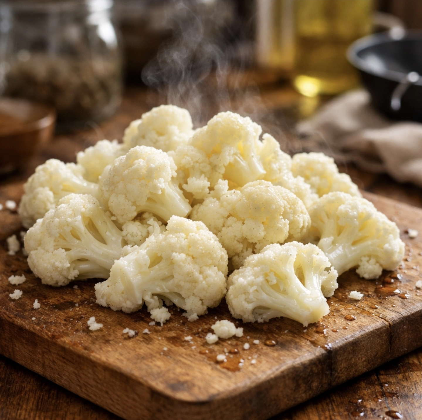 Uvařené růžičky květáku na&nbsp;dřevěném prkénku připravené na&nbsp;přípravu květákových placiček