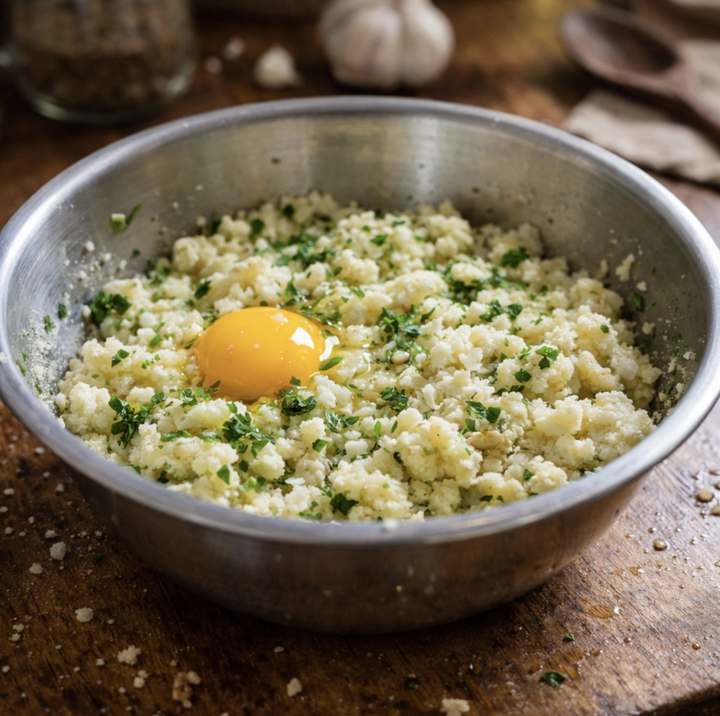 Směs na&nbsp;květákové placičky v&nbsp;míse – rozmačkaný květák s&nbsp;vejcem, česnekem a&nbsp;nasekanou petrželí připravená na&nbsp;smažení