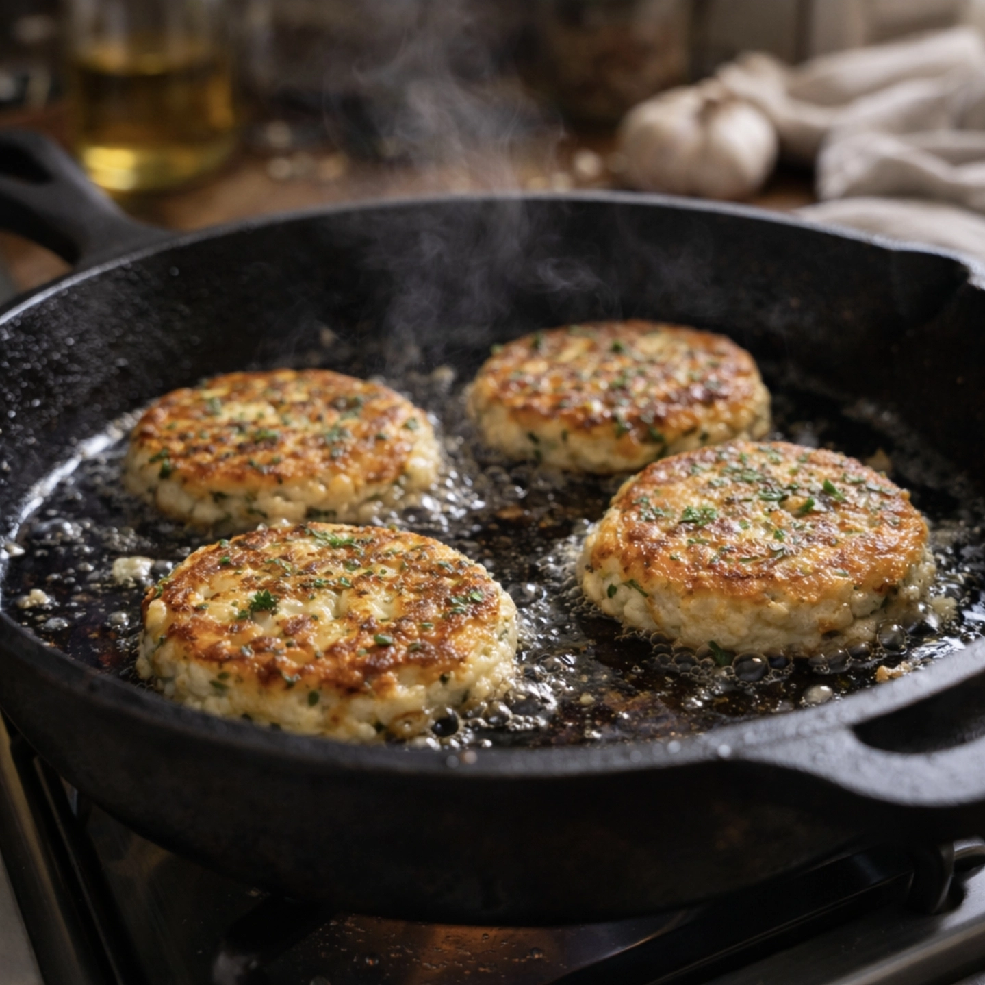 Smažení květákových placiček na&nbsp;litinové pánvi se&nbsp;zlatavou křupavou kůrkou při&nbsp;přípravě domácího receptu