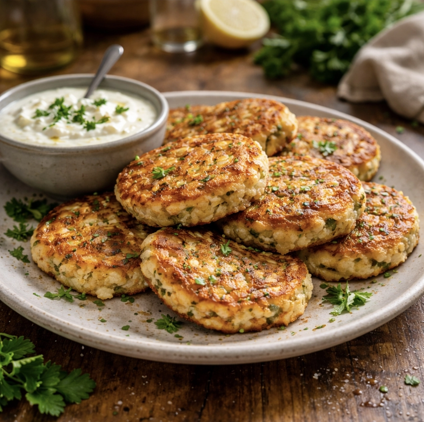 Zlatavé květákové placičky na&nbsp;talíři s&nbsp;jogurtovo-česnekovým dipem a&nbsp;petrželí připravené podle domácího receptu