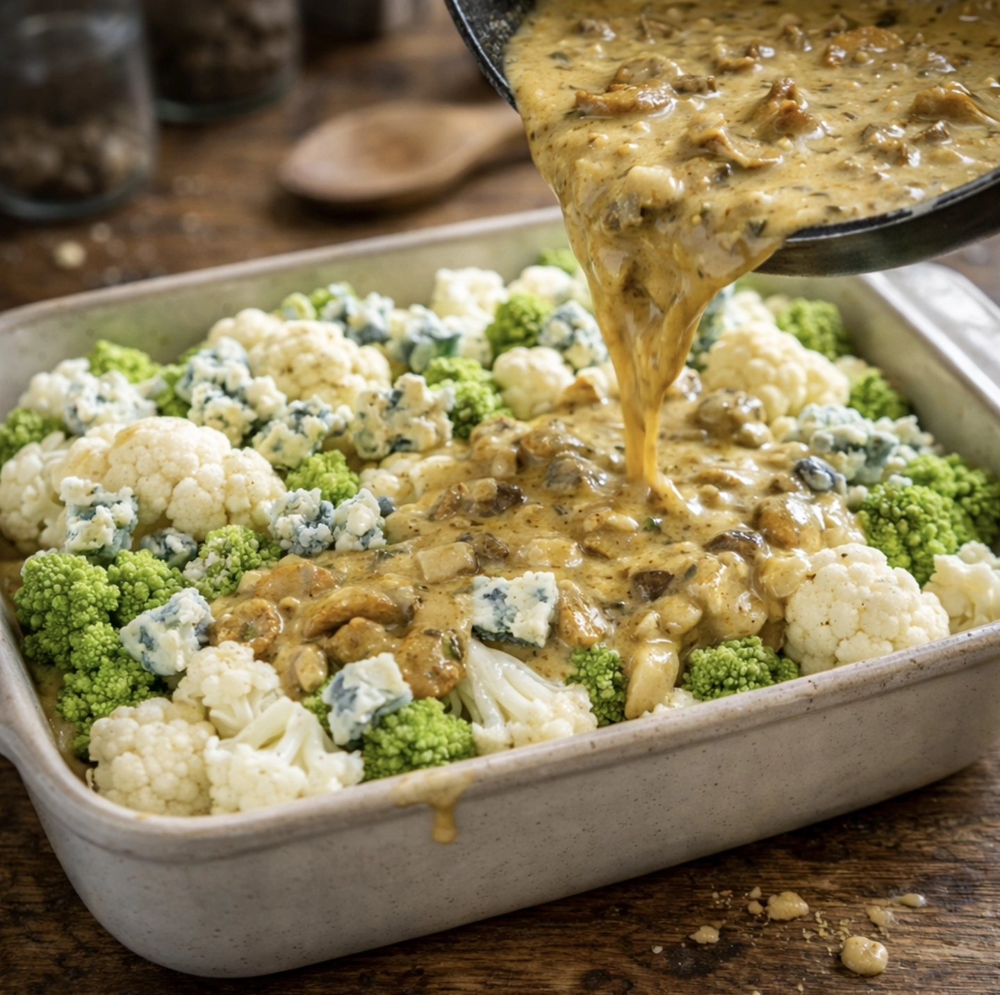 Květák a&nbsp;romanesco zalévané houbovou kari omáčkou před&nbsp;zapékáním