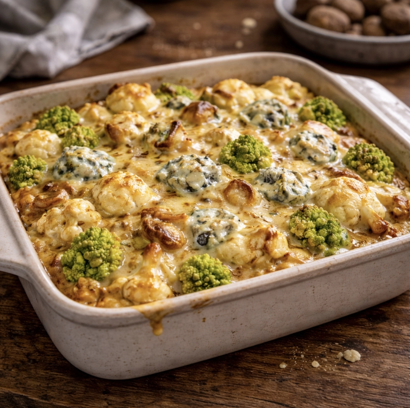 Hotový zapečený květák s&nbsp;romanescem a&nbsp;modrým sýrem podle Kluků v&nbsp;akci