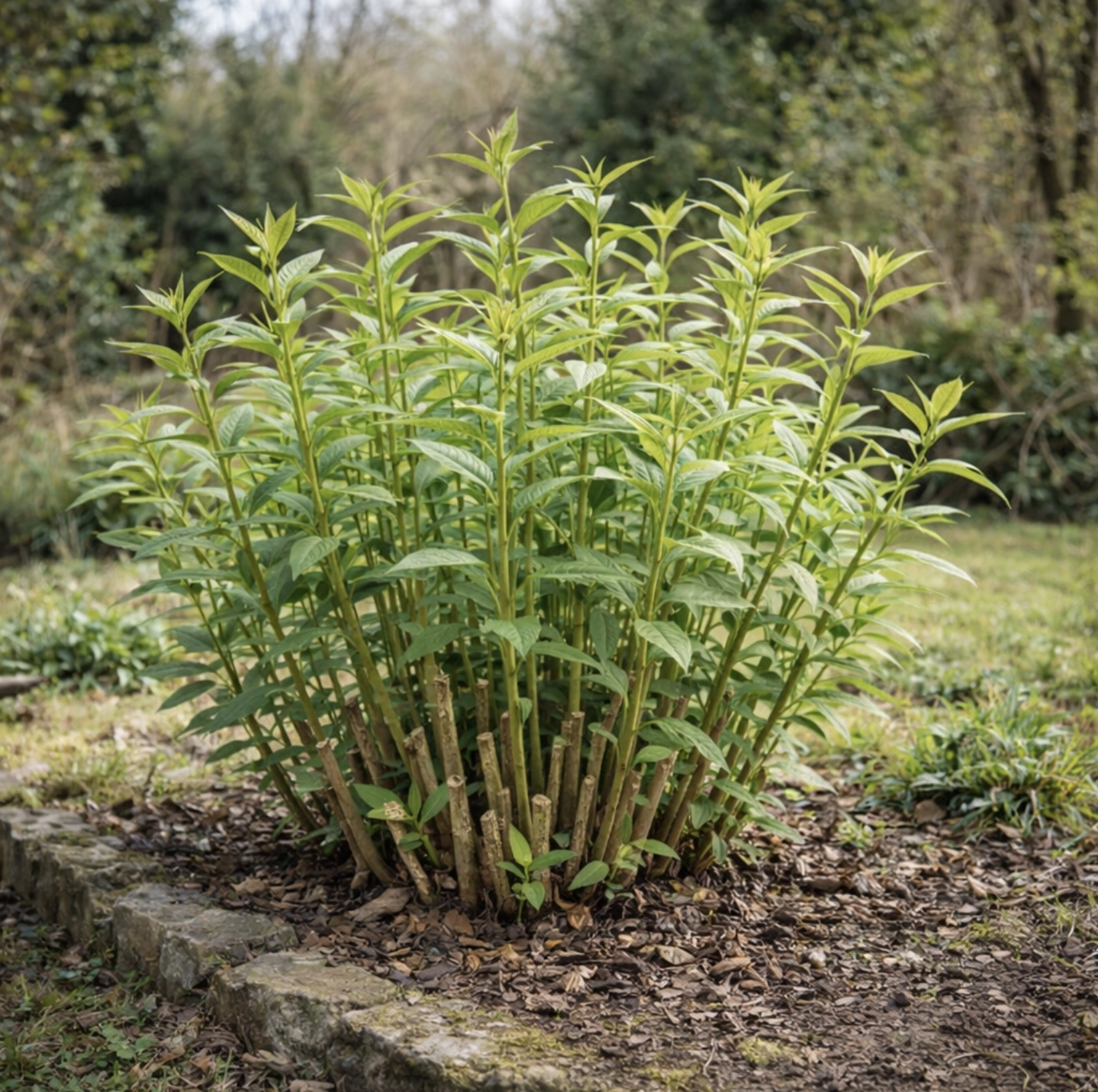 Komule Davidova s&nbsp;novými výhony asi měsíc po&nbsp;jarním řezu