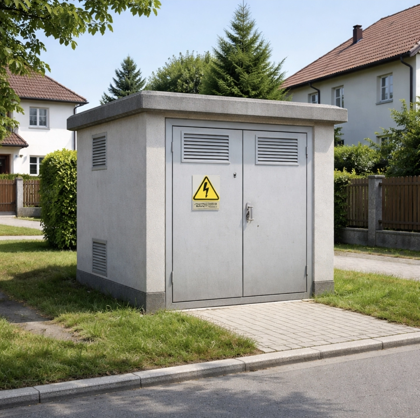 Kiosková trafostanice v&nbsp;obytné ulici mezi rodinnými domy