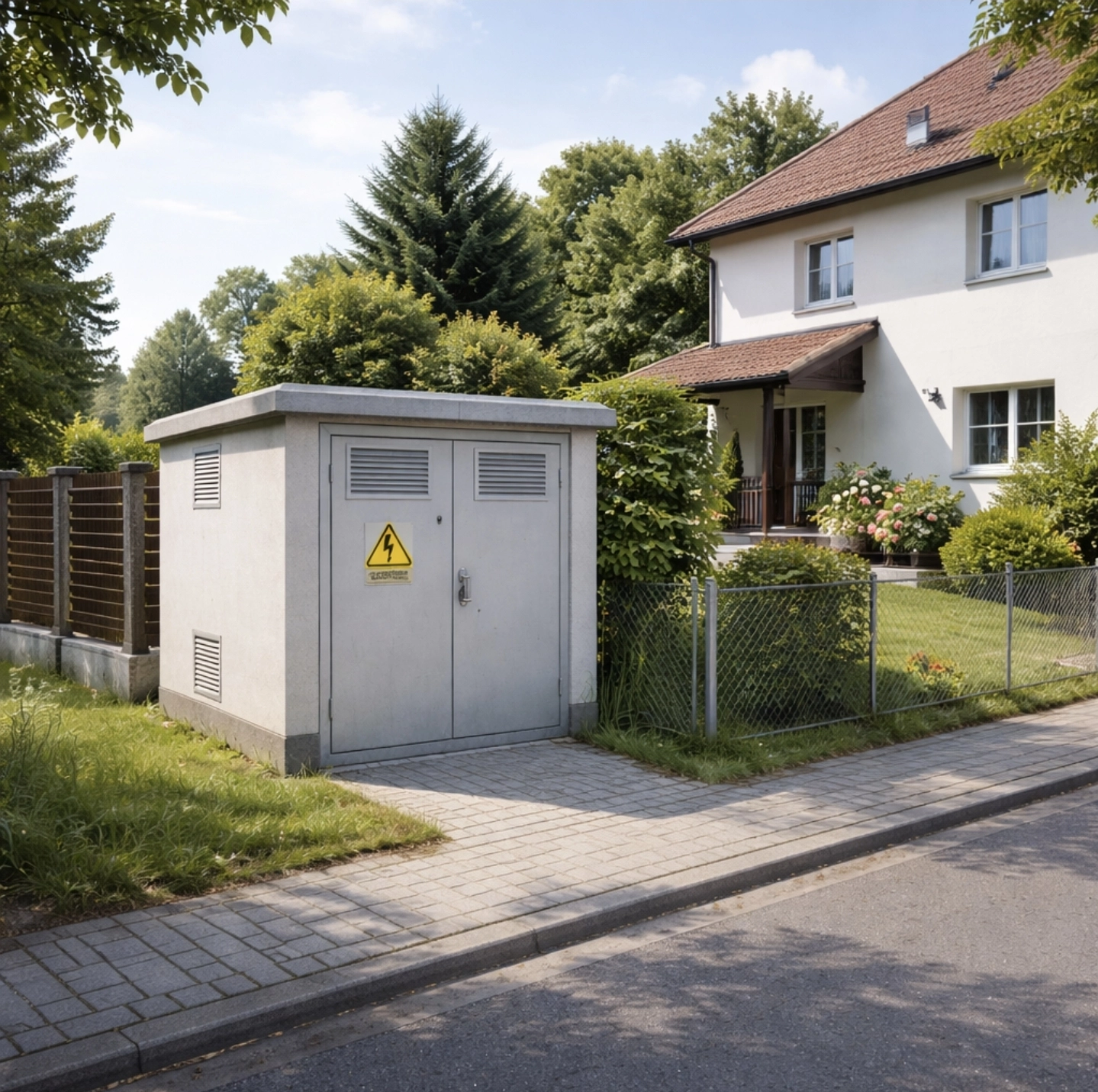 Trafostanice na&nbsp;okraji pozemku vedle rodinného domu