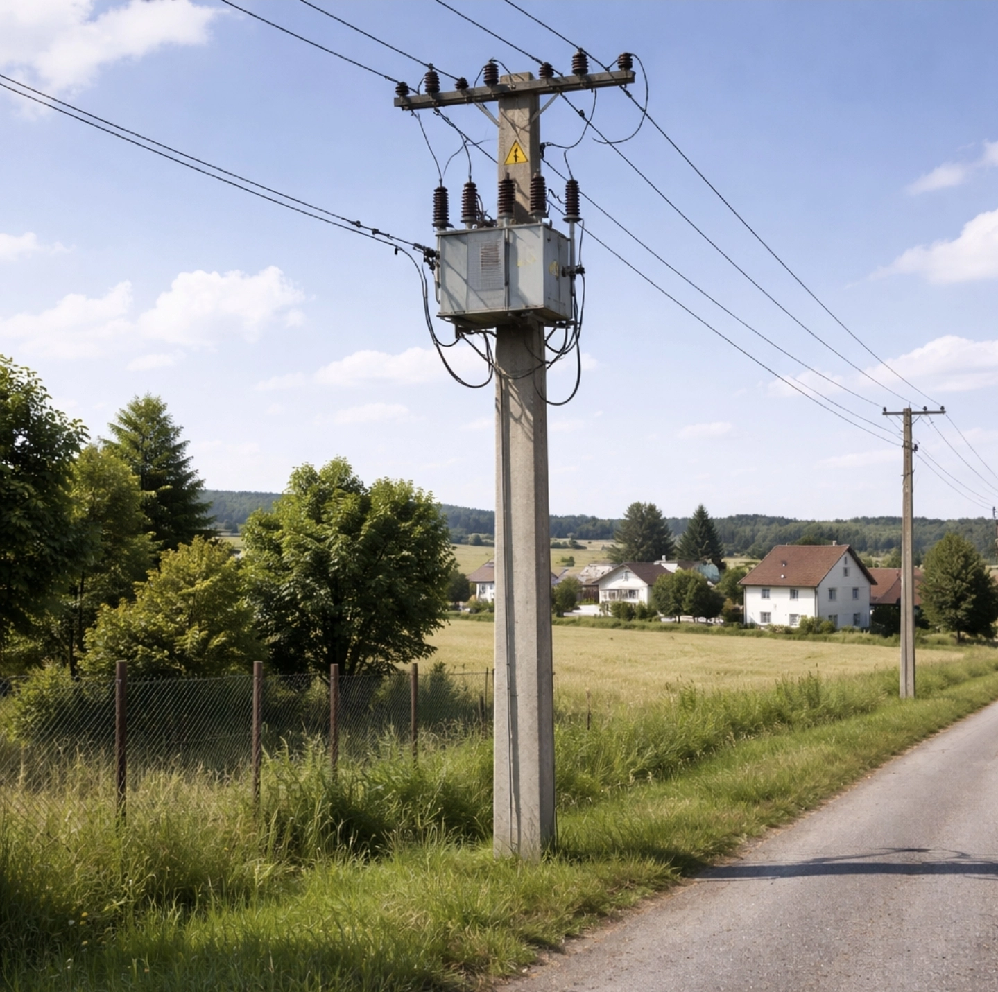 Sloupová trafostanice na&nbsp;sloupu elektrického vedení