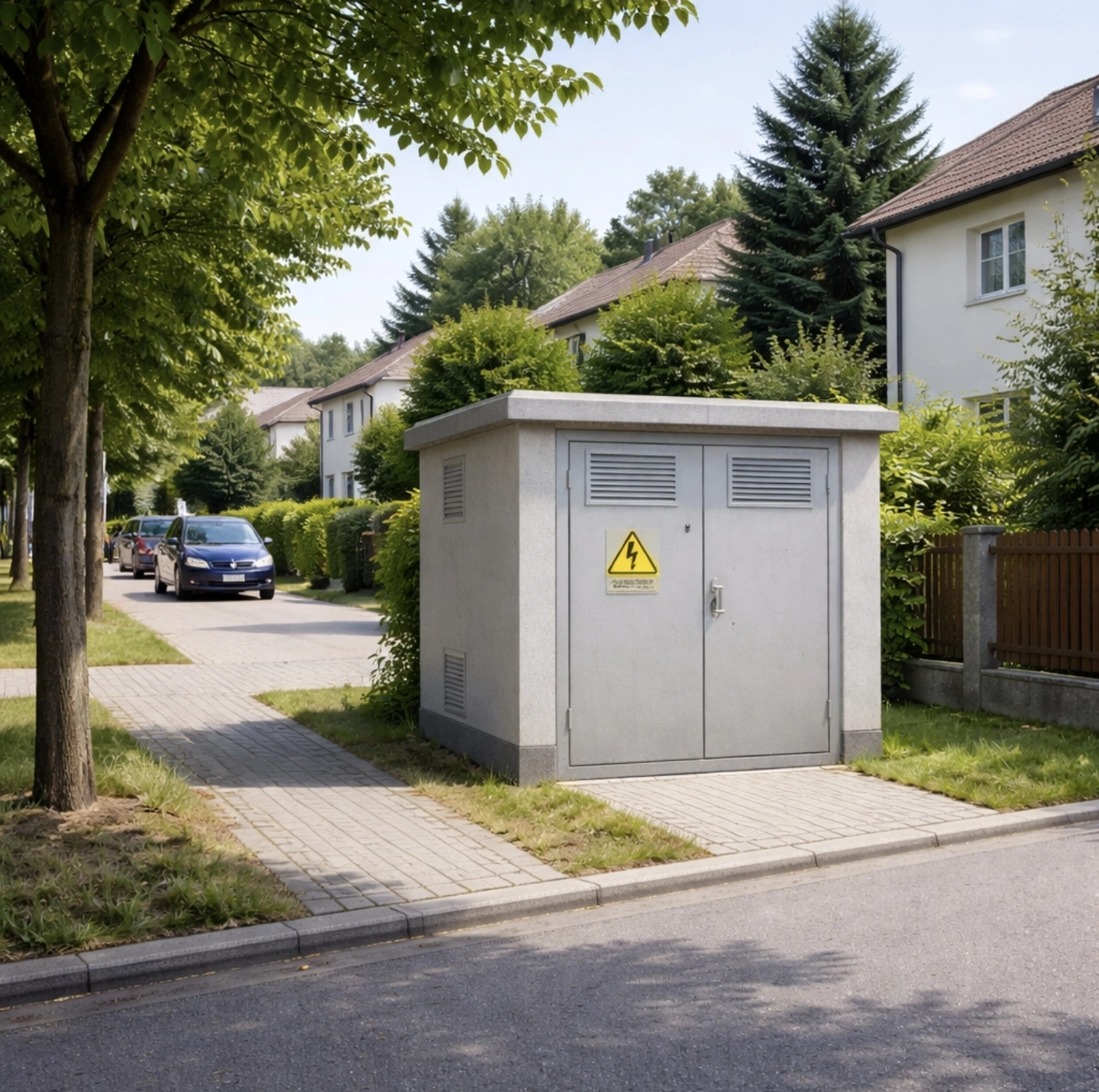 Malá trafostanice u&nbsp;chodníku v&nbsp;obytné ulici