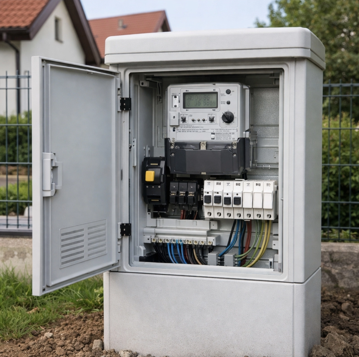 Elektroměrový pilíř na&nbsp;hranici pozemku rodinného domu s&nbsp;otevřeným elektroměrovým rozvaděčem, viditelný elektroměr a&nbsp;jističe připravené pro připojení elektřiny
