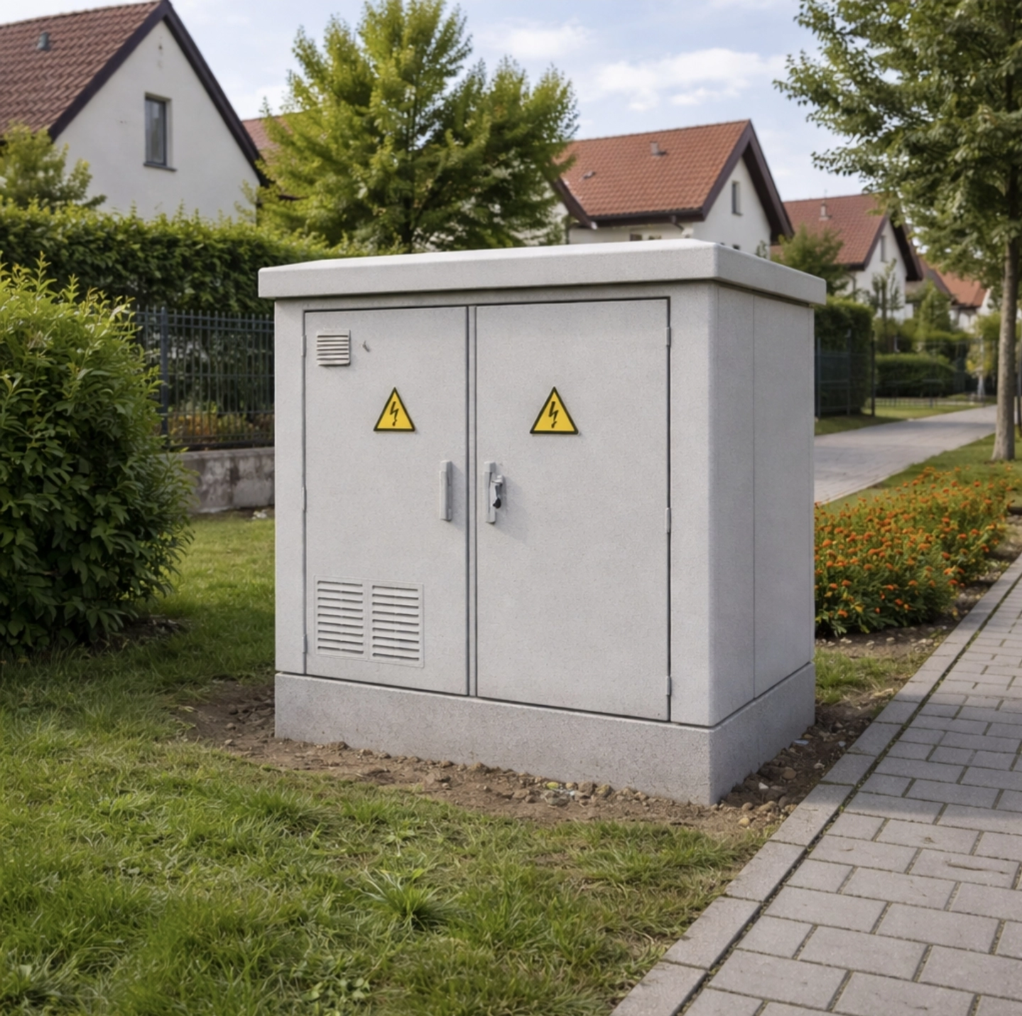 Malá betonová trafostanice v&nbsp;obytné čtvrti mezi rodinnými domy, distribuční transformátor elektřiny vedle chodníku