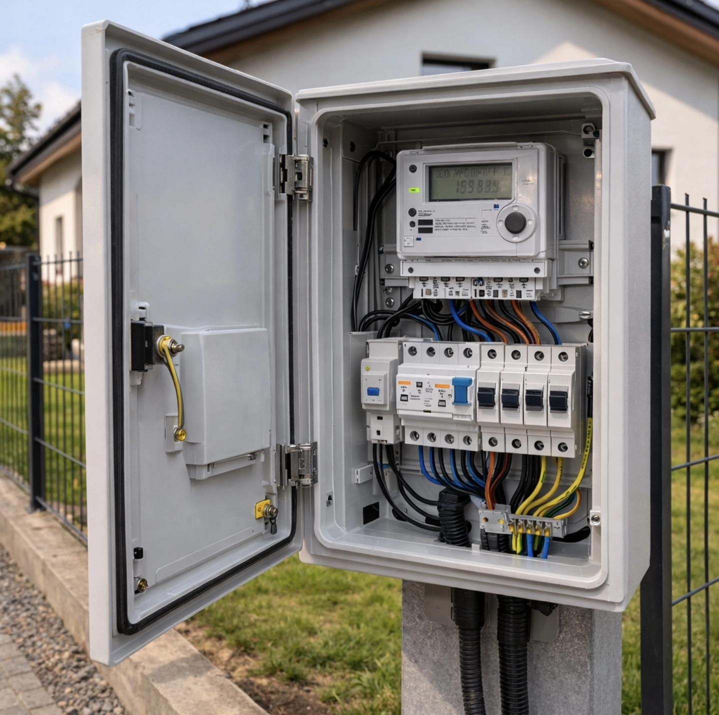 Otevřený elektroměrový rozvaděč na&nbsp;hranici pozemku rodinného domu s&nbsp;elektroměrem, jističi a&nbsp;připojenými kabely elektroinstalace