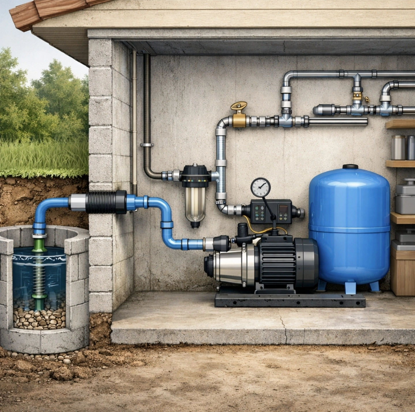 Schéma instalace domácí vodárny Darling mezi kopanou studnou a&nbsp;rodinným domem se&nbsp;sacím potrubím, čerpadlem a&nbsp;tlakovou nádobou ve&nbsp;sklepě