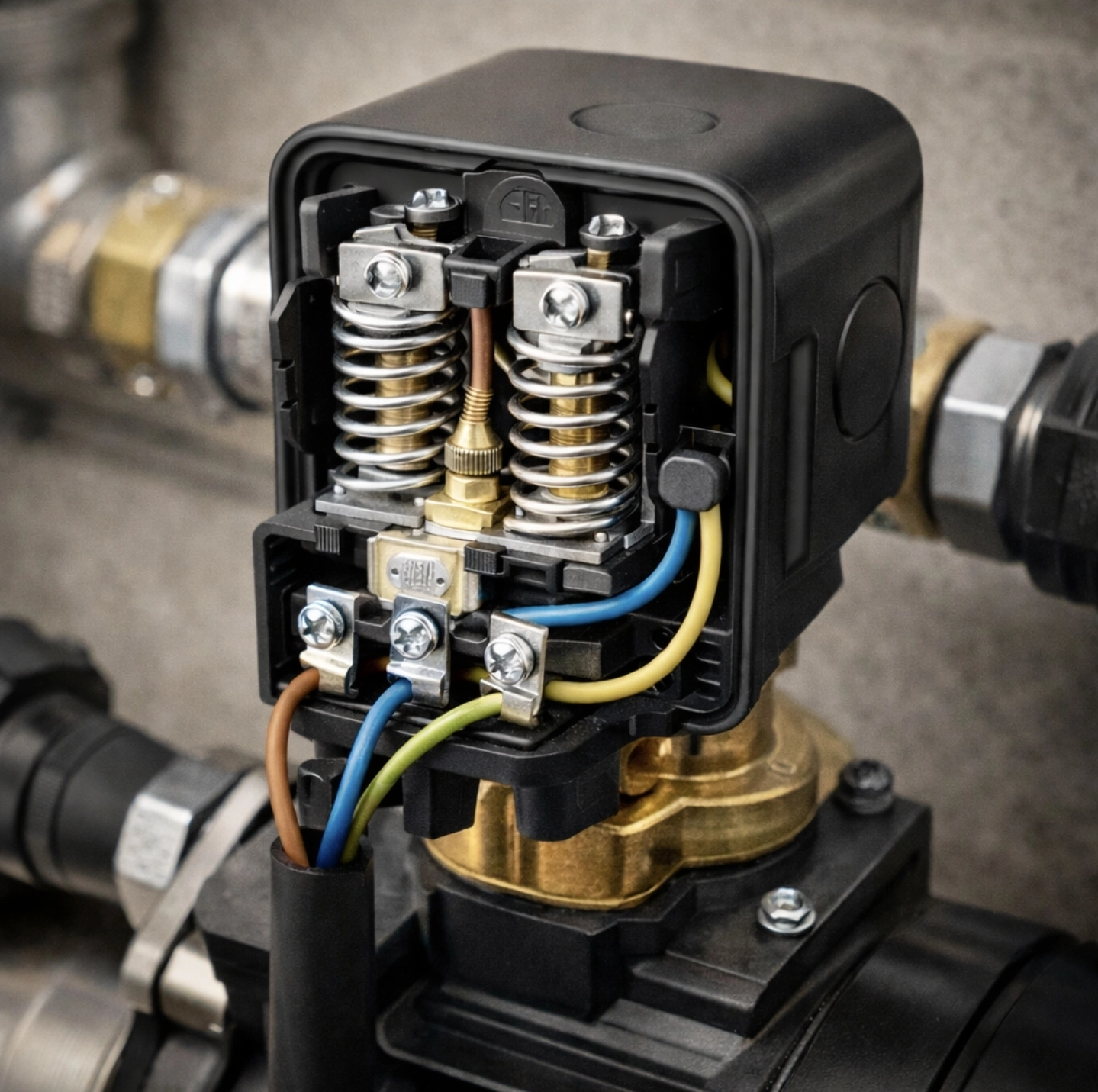 Detail tlakového spínače domácí vodárny Darling s&nbsp;otevřeným krytem, viditelné nastavovací pružiny, šrouby a&nbsp;elektrické vodiče