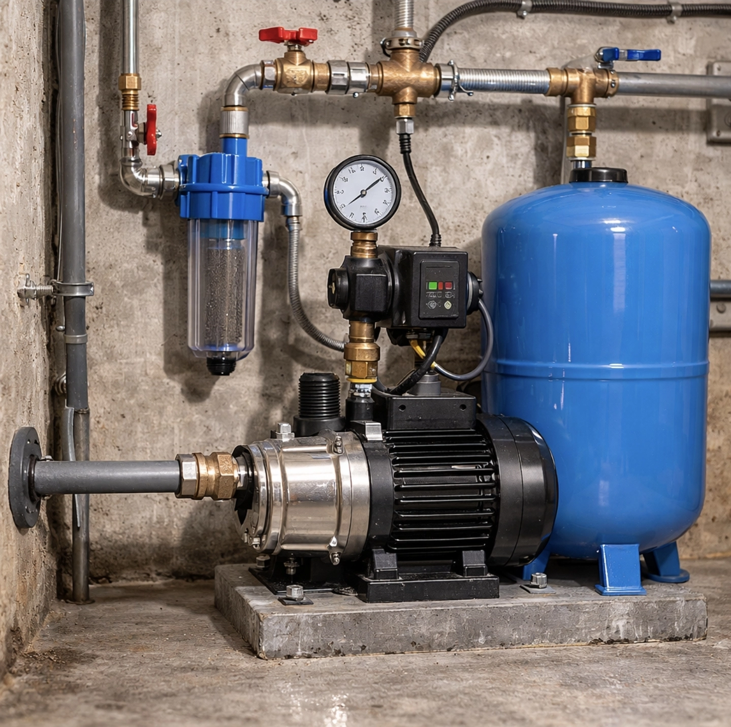 Domácí vodárna Darling instalovaná ve&nbsp;sklepě rodinného domu s&nbsp;modrou tlakovou nádobou, čerpadlem, manometrem a&nbsp;potrubím napojeným na&nbsp;domovní rozvod vody