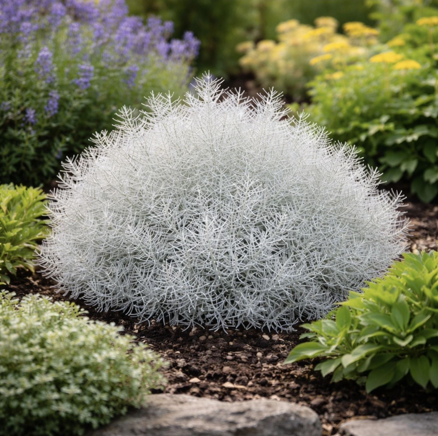 krásnohlávek Calocephalus brownii vysazený v&nbsp;zahradním záhonu mezi okrasnými rostlinami se&nbsp;stříbrnými větvičkami