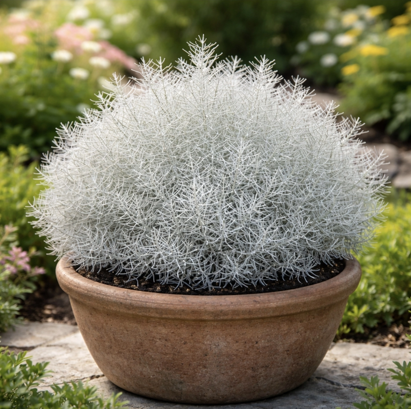 krásnohlávek Calocephalus brownii pěstovaný v&nbsp;květináči na&nbsp;zahradě se&nbsp;stříbrnými větvičkami