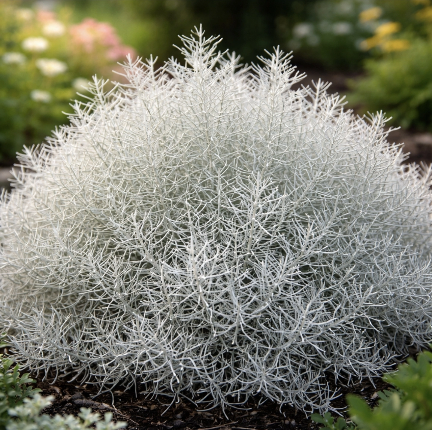 detail rostliny Calocephalus brownii s&nbsp;hustými stříbrnými větvičkami v&nbsp;zahradním prostředí