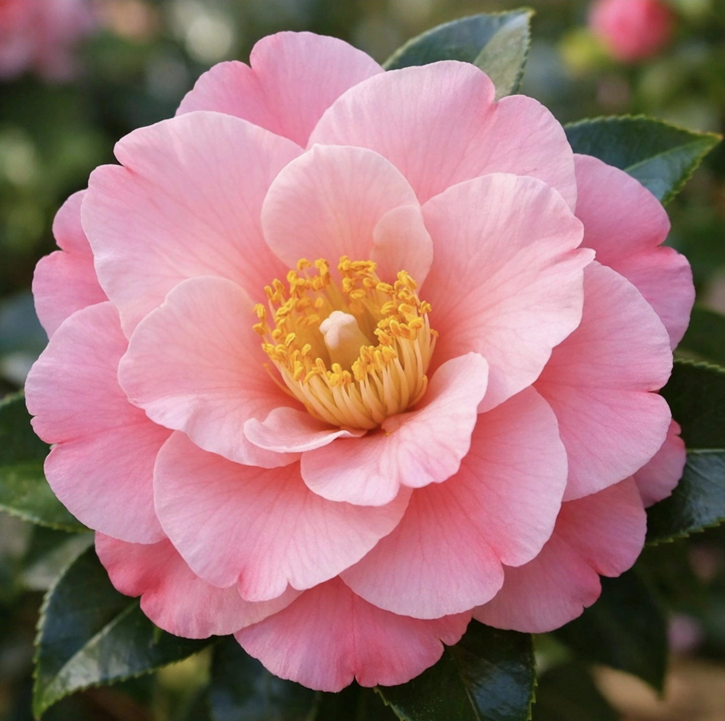 detail květu kamélie Camellia japonica s&nbsp;růžovými okvětními lístky a&nbsp;žlutými tyčinkami