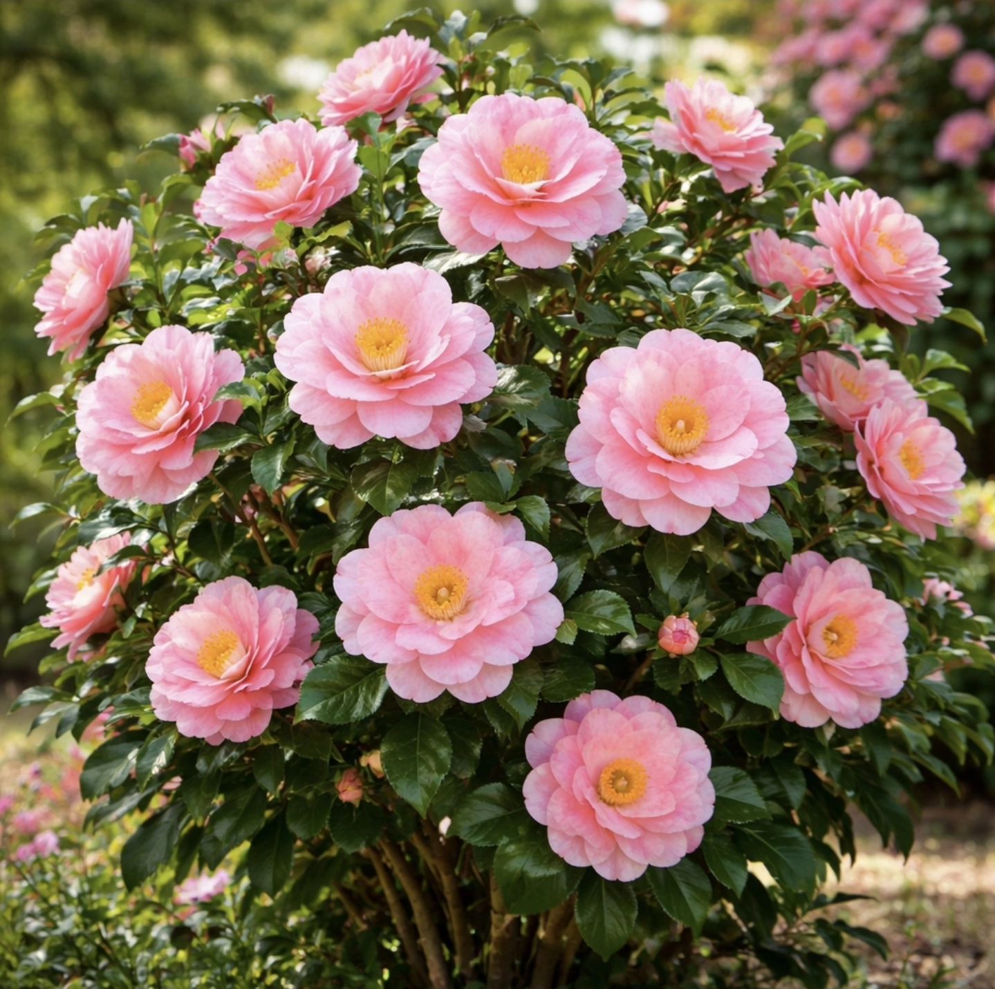 kvetoucí keř kamélie Camellia japonica s&nbsp;růžovými květy v&nbsp;zahradě