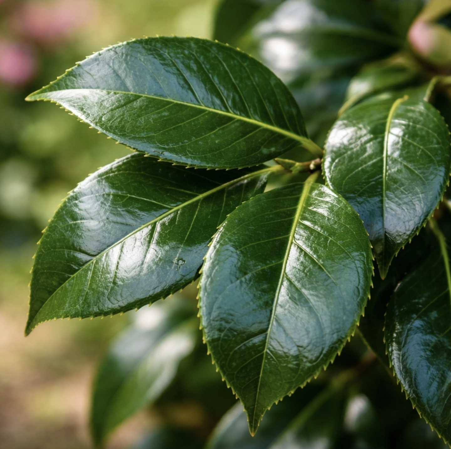 detail lesklých listů kamélie Camellia japonica s&nbsp;jemně pilovitým okrajem