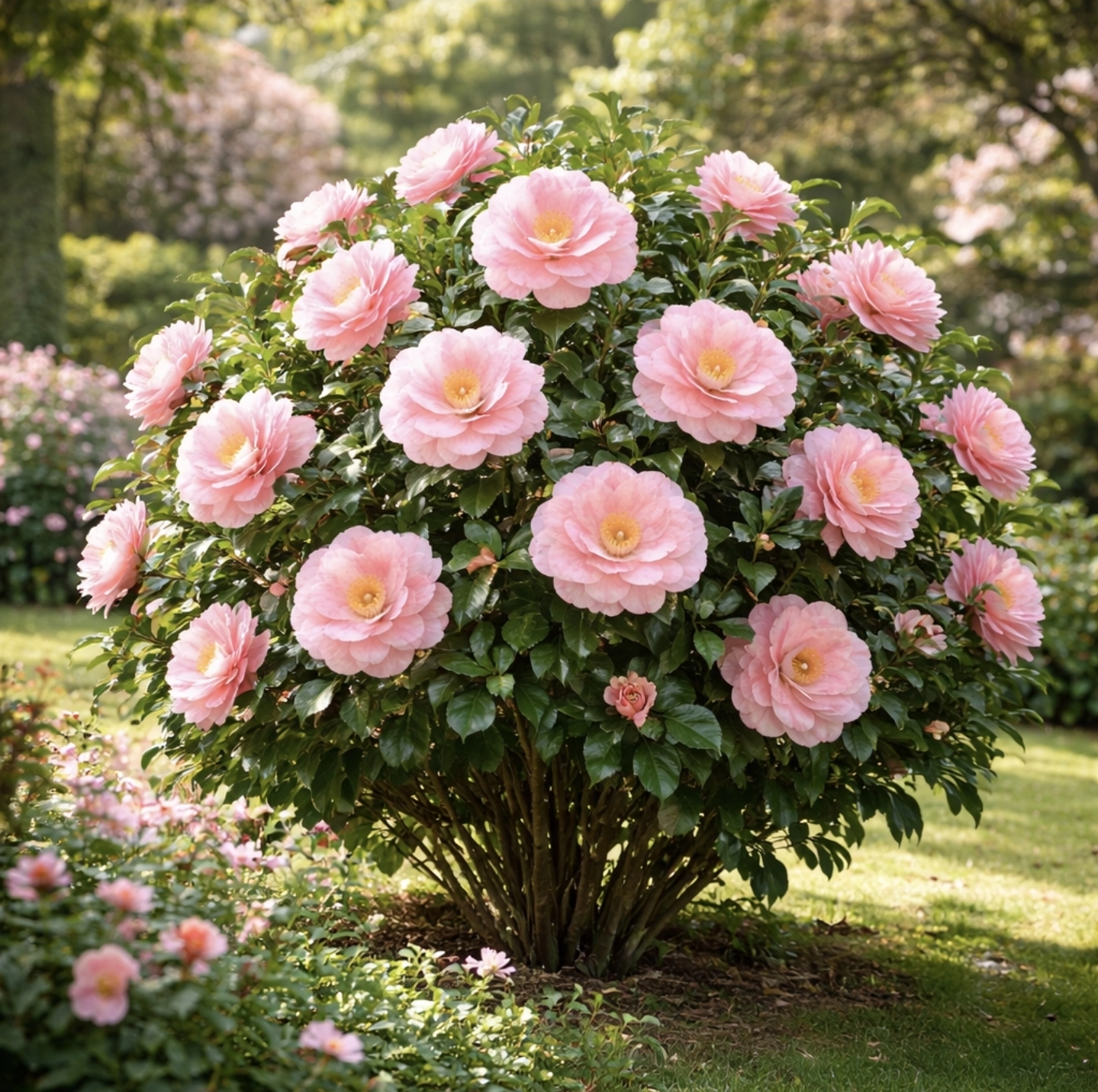bohatě kvetoucí keř kamélie Camellia japonica s&nbsp;růžovými květy v&nbsp;jarní zahradě