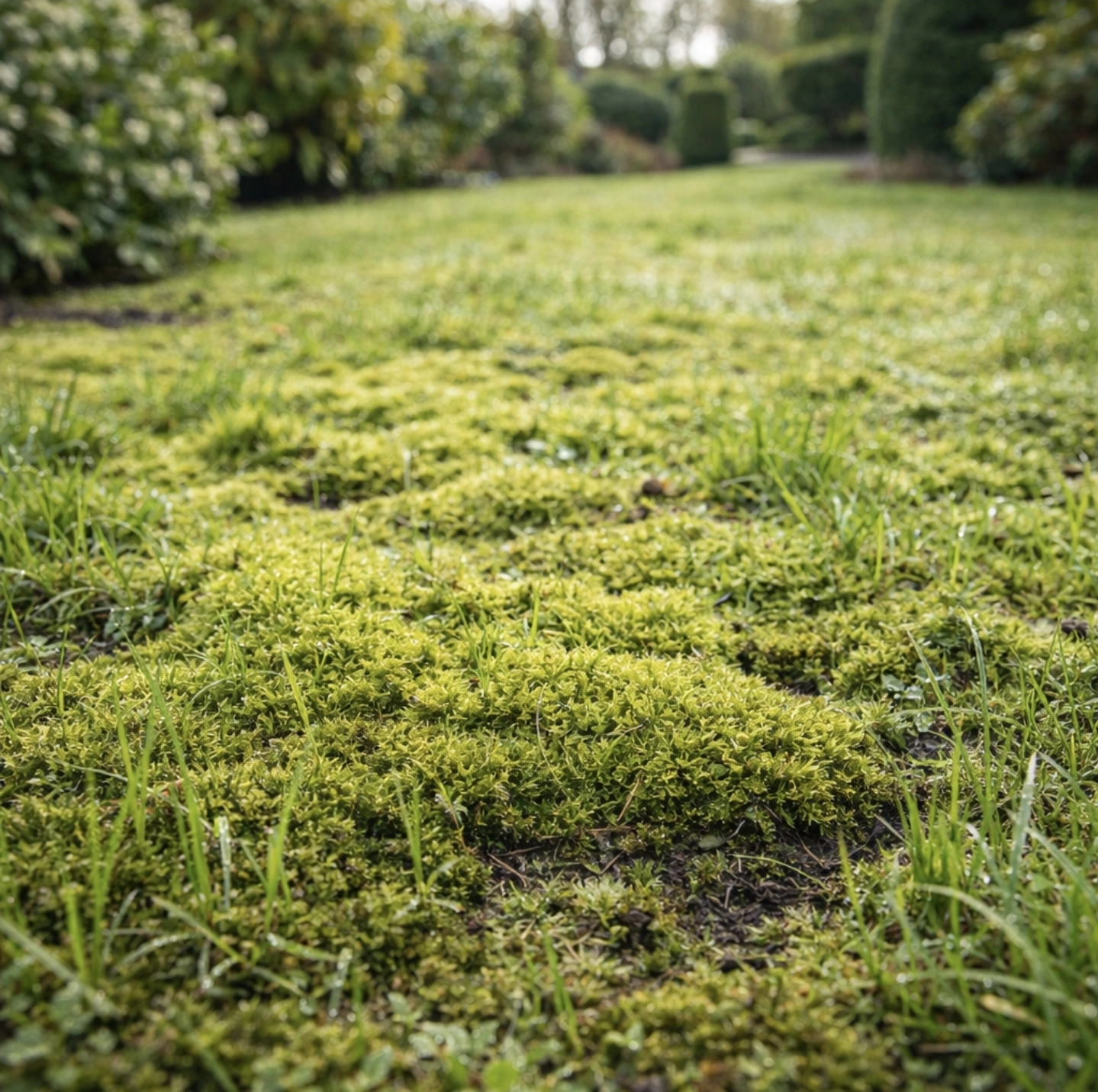 Zahradní trávník silně napadený mechem, husté zelené polštáře mechu prorůstající mezi stébly trávy, vlhký jarní trávník na&nbsp;starší  zahradě.