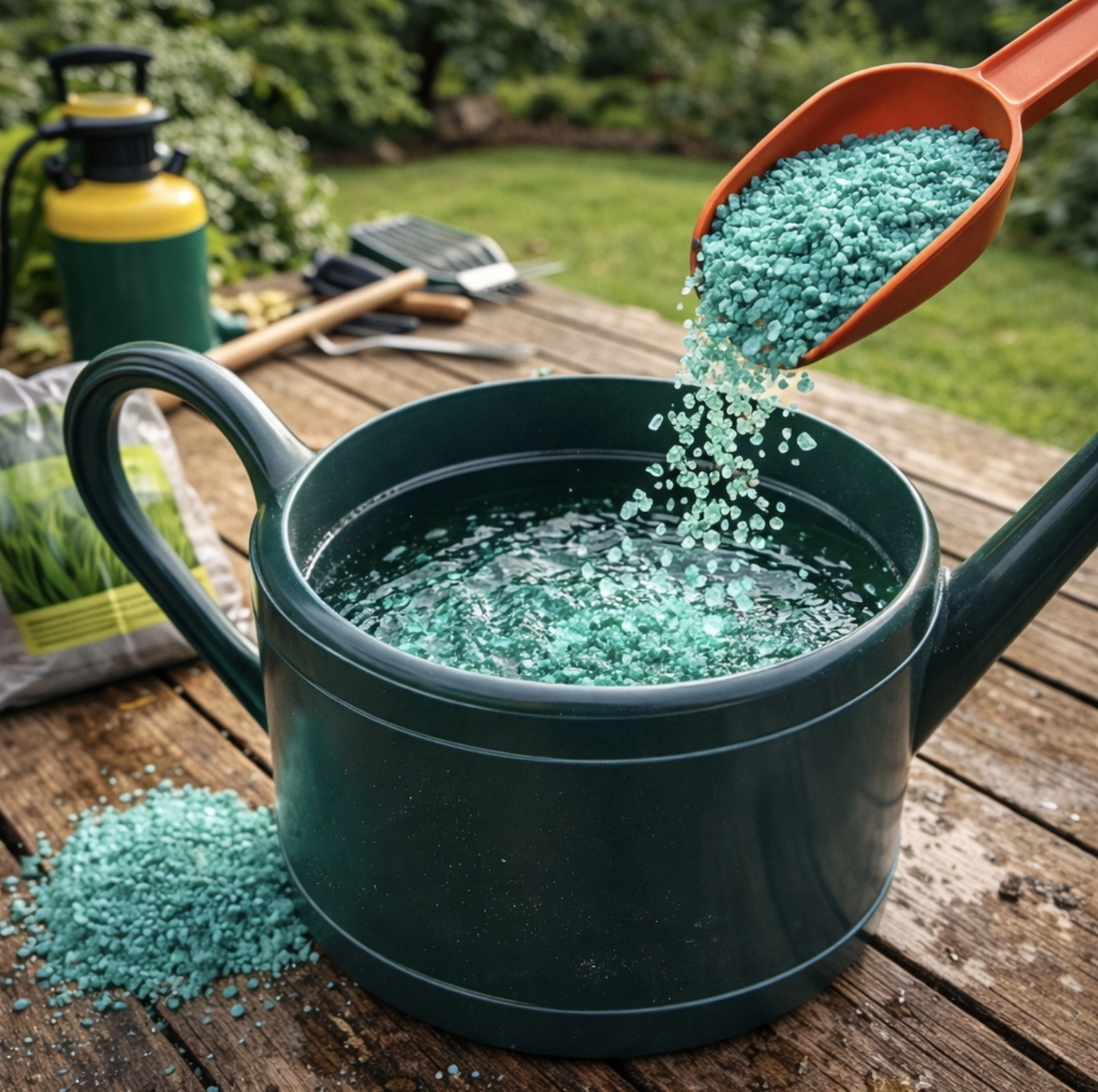 Fotografie přípravy roztoku zelené skalice na&nbsp;zahradě, plastová zahradní konev s&nbsp;vodou, do&nbsp;které se&nbsp;sypou zelenomodré krystaly síranu železnatého, krystaly se&nbsp;rozpouštějí ve&nbsp;vodě