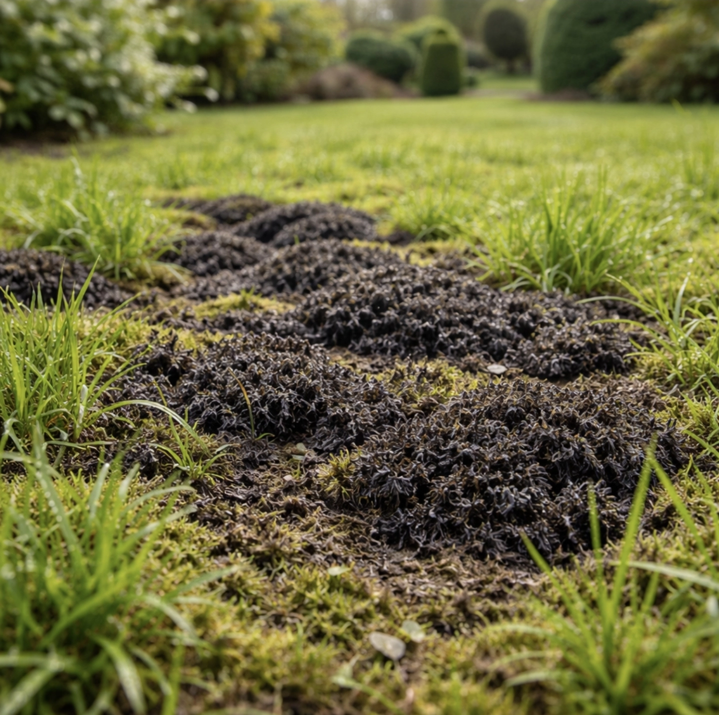 Fotografie trávníku po&nbsp;aplikaci zelené skalice, mech v&nbsp;trávníku je tmavý až černý a&nbsp;odumírá, kolem zůstává zelená tráva, detail struktury mechu a&nbsp;trávy.