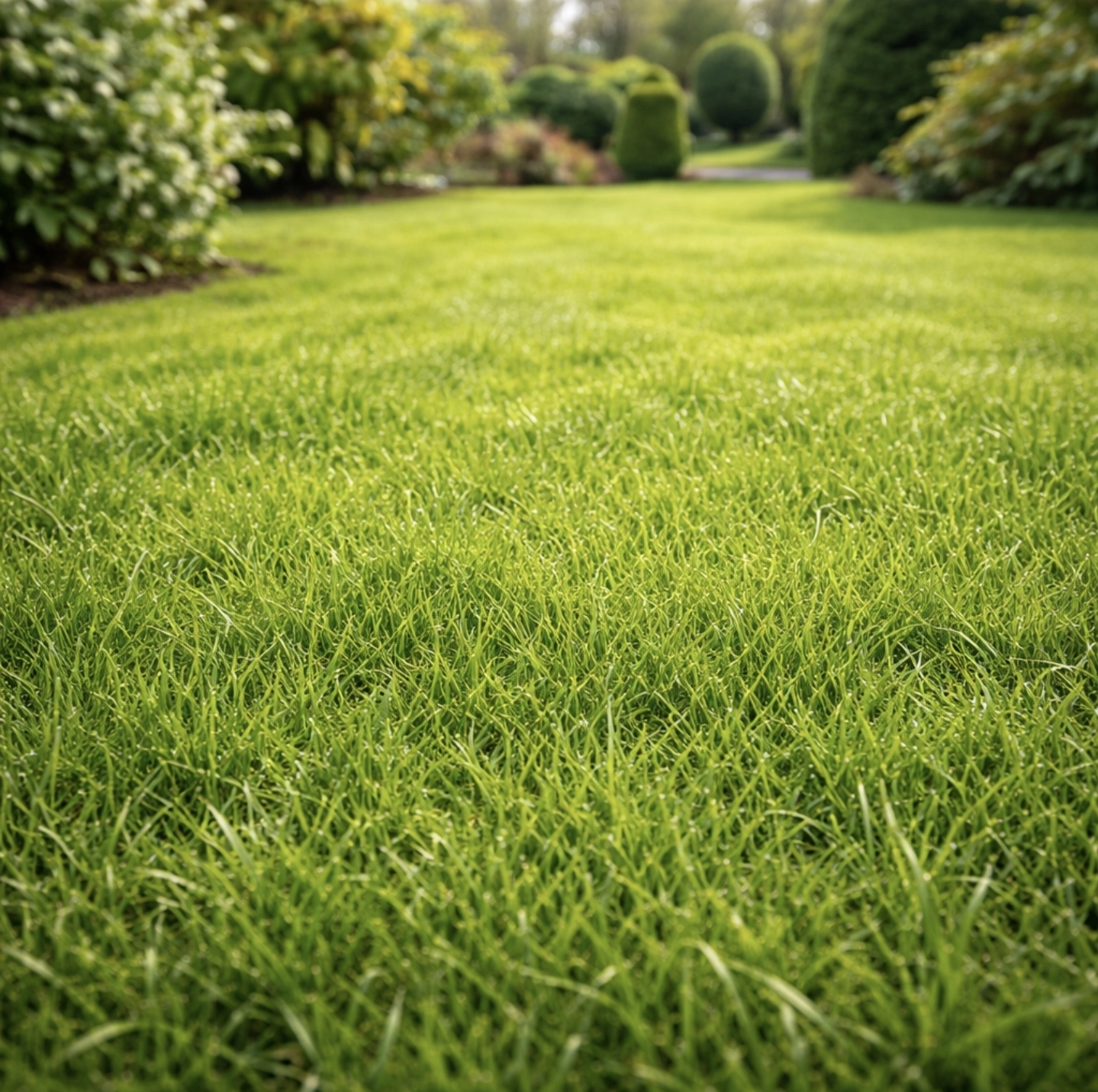 Fotografie hustého zdravého zahradního trávníku bez mechu, rovnoměrná sytě zelená tráva, dobře udržovaná zahrada v&nbsp;českém stylu.