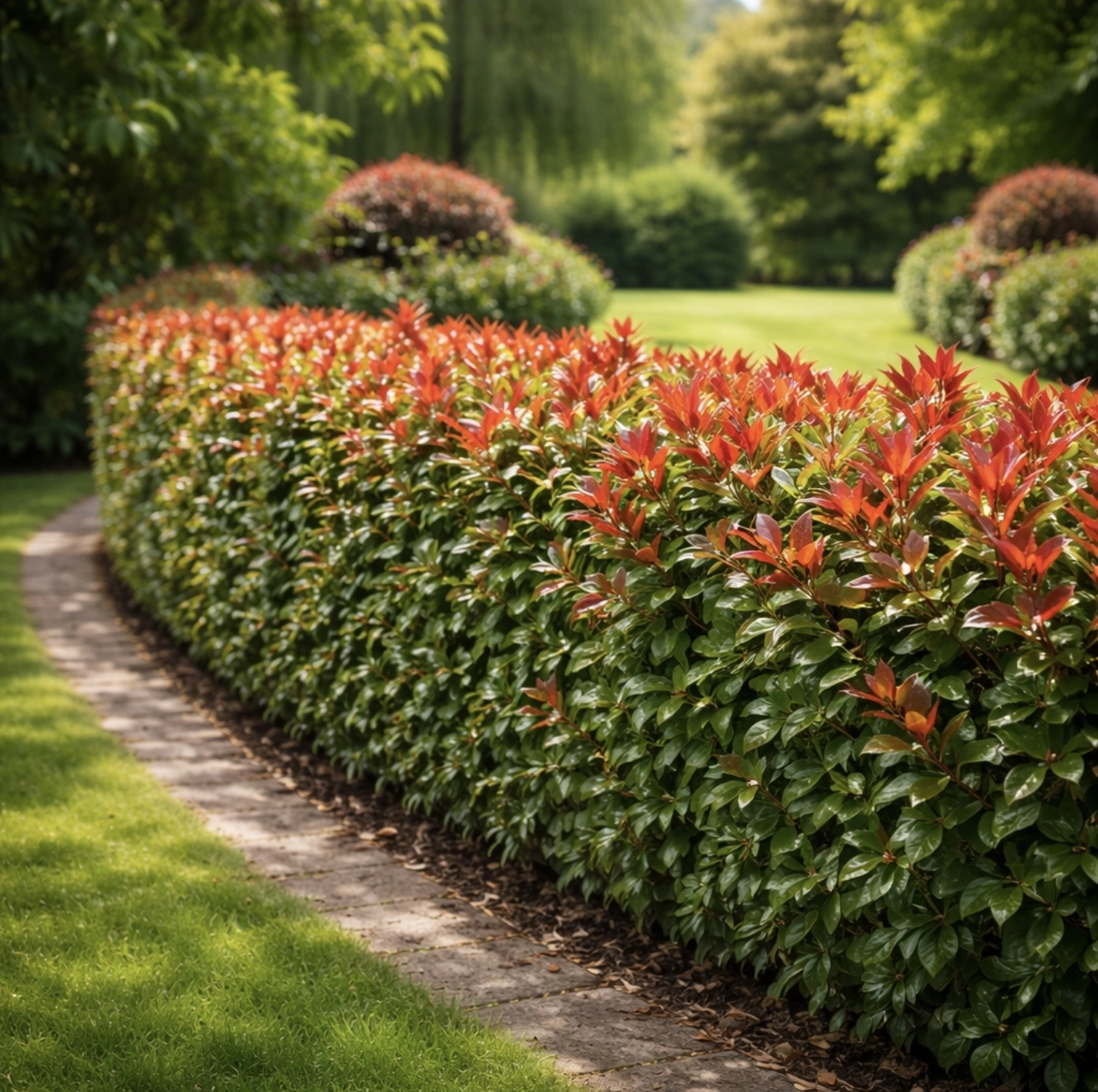 Hustý živý plot z&nbsp;blýskavky Photinia Red Robin s&nbsp;červenými výhony v&nbsp;zahradě