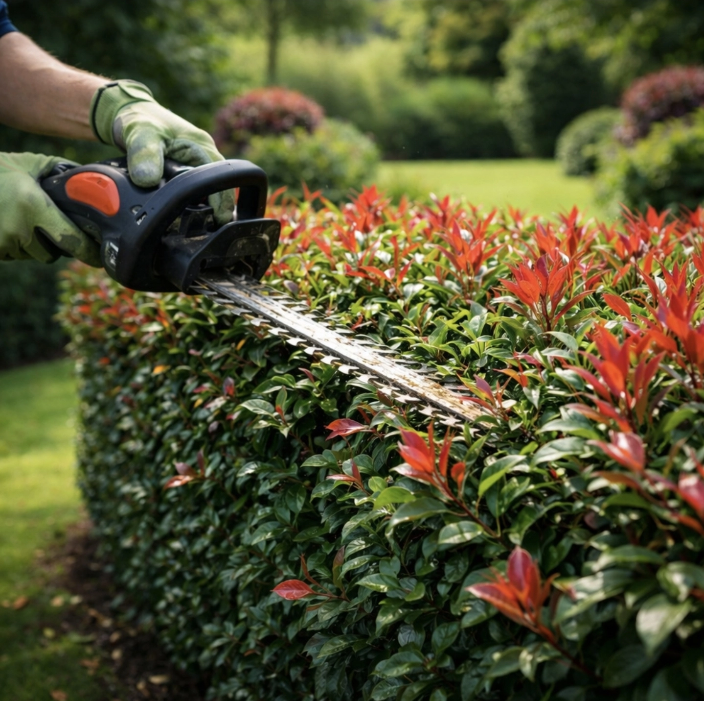 Stříhání živého plotu z&nbsp;blýskavky Photinia Red Robin zahradními nůžkami