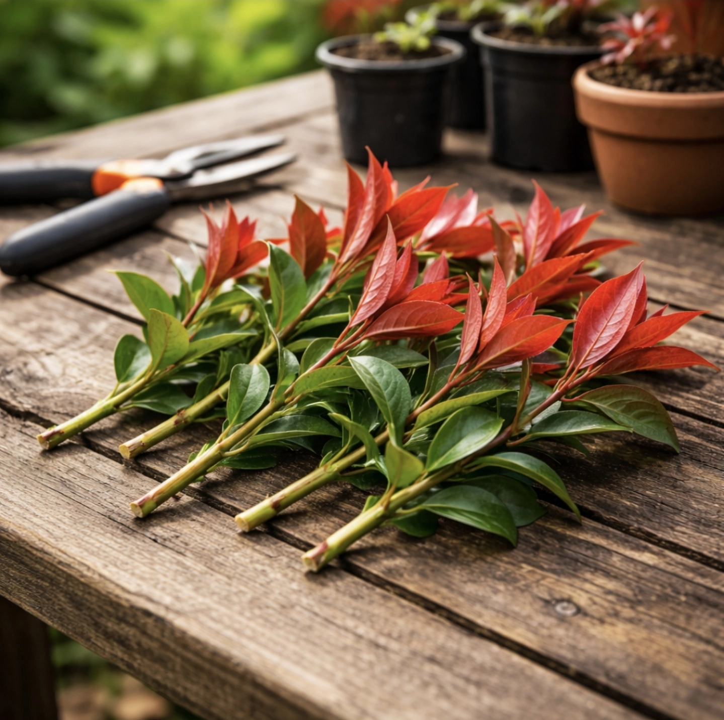 Řízky blýskavky Photinia připravené k&nbsp;množení na&nbsp;zahradním stole