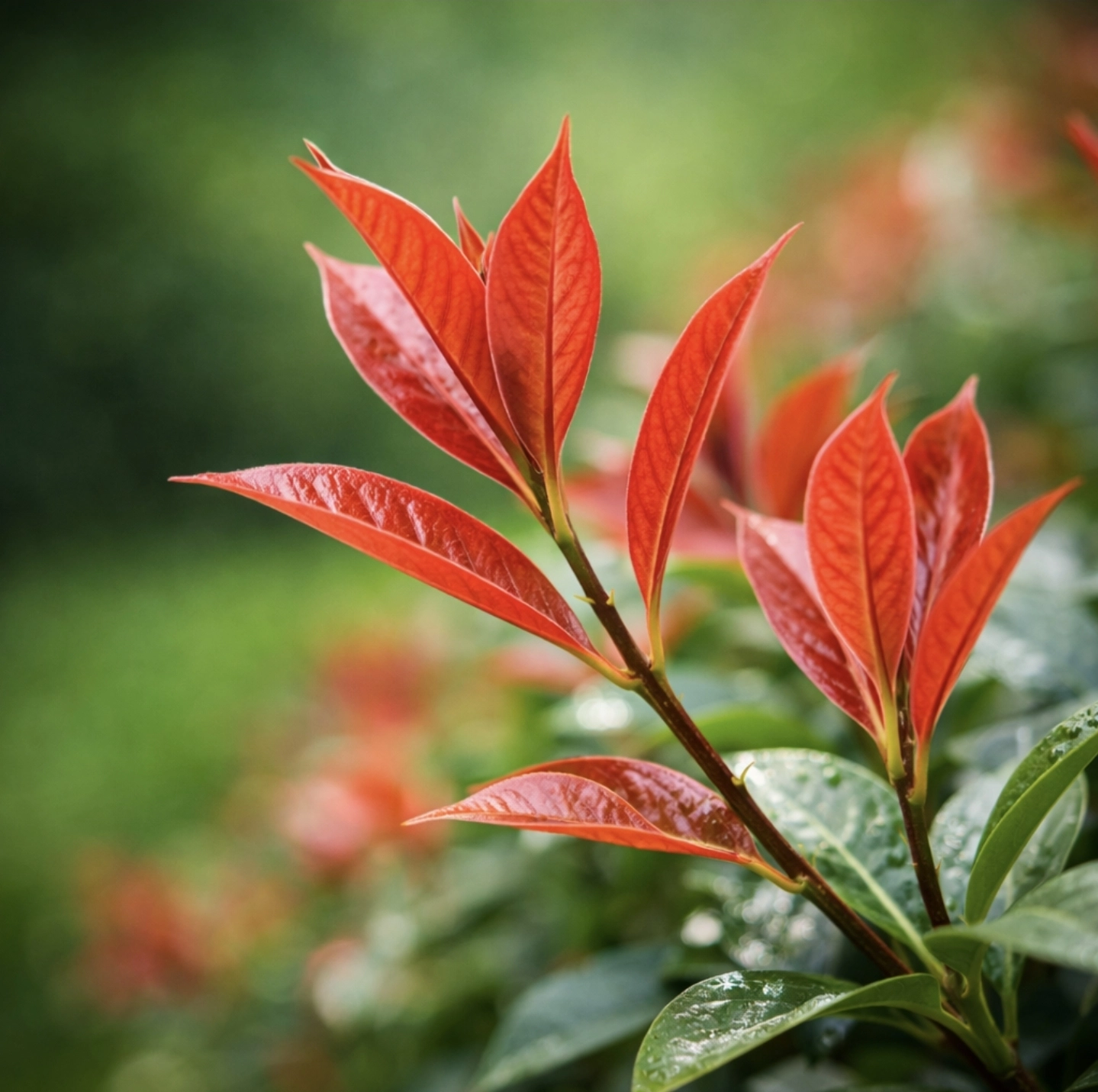 Mladé červené listy blýskavky Photinia Red Robin na&nbsp;větvi