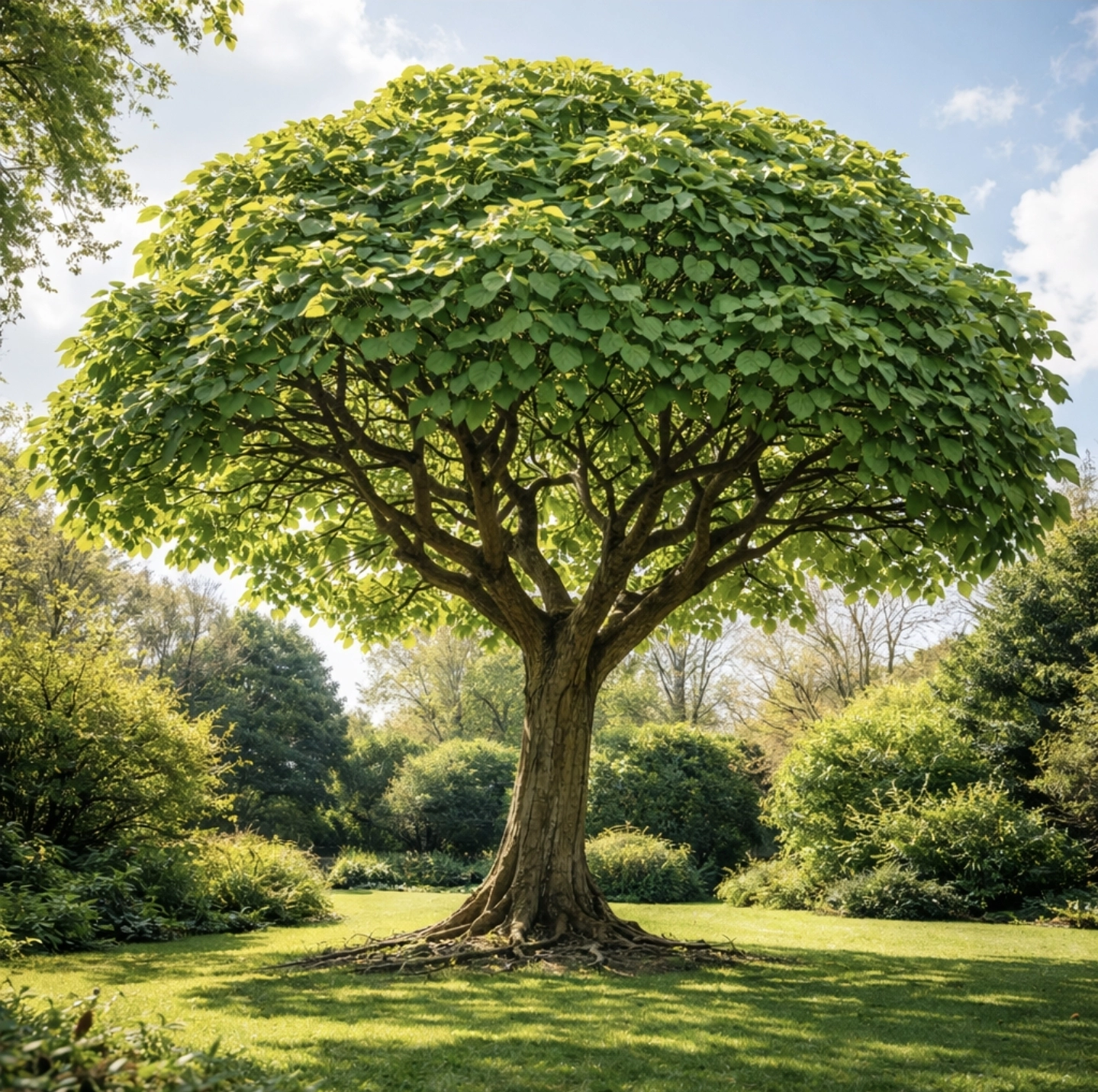 Velký strom katalpy s&nbsp;kulovitou korunou a&nbsp;velkými zelenými listy v&nbsp;zahradě