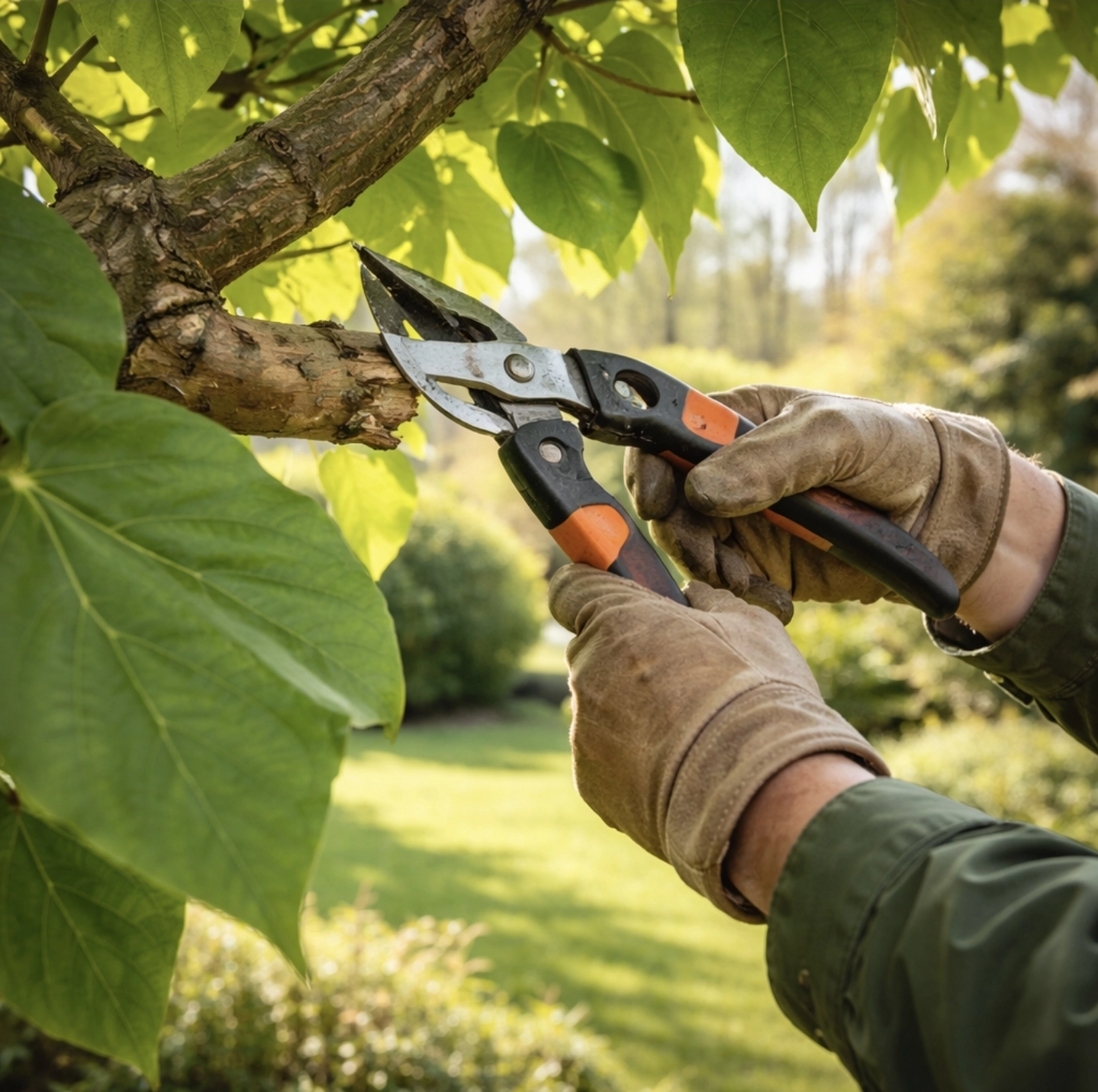Stříhání větve stromu katalpy zahradnickými nůžkami mezi velkými zelenými listy